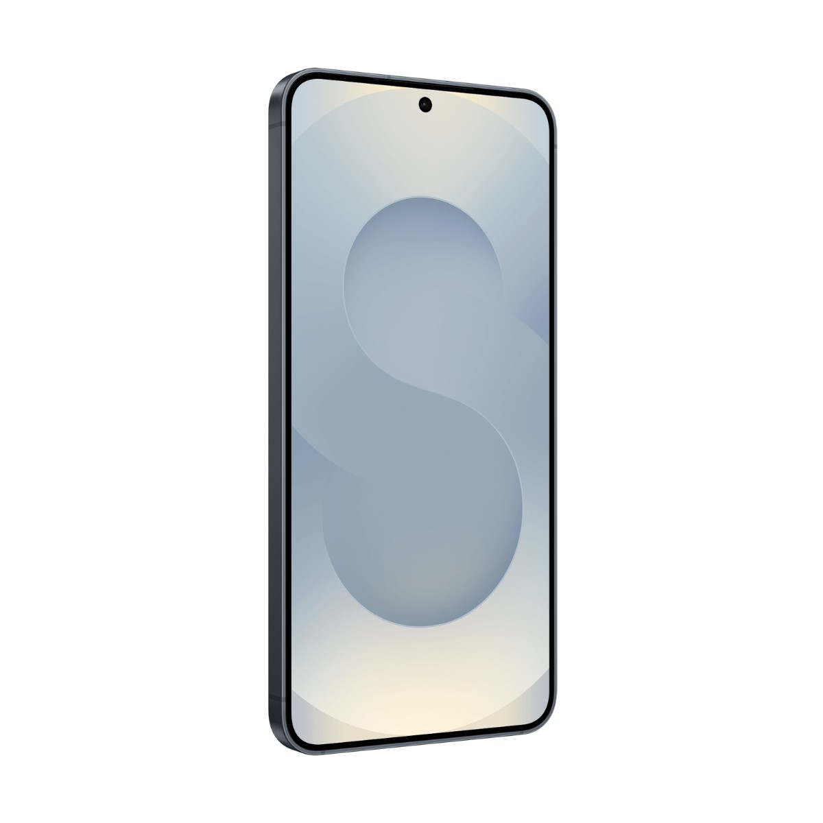 Un smartphone avec un cadre sombre affiche un design d'écran abstrait bleu et blanc.