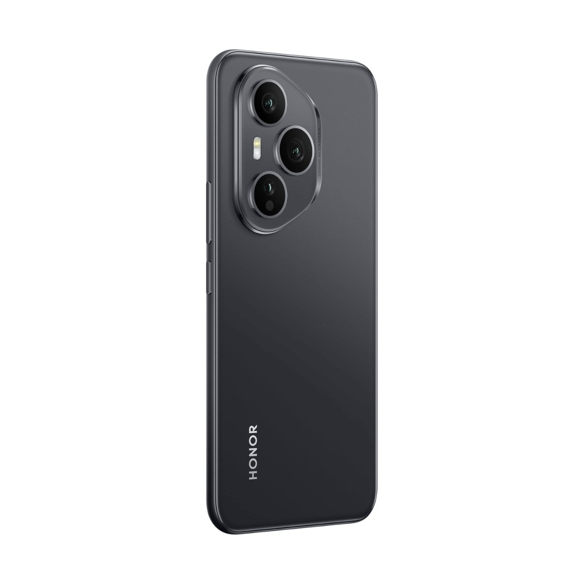 Vista posteriore di uno smartphone Honor grigio con tripla fotocamera e logo.