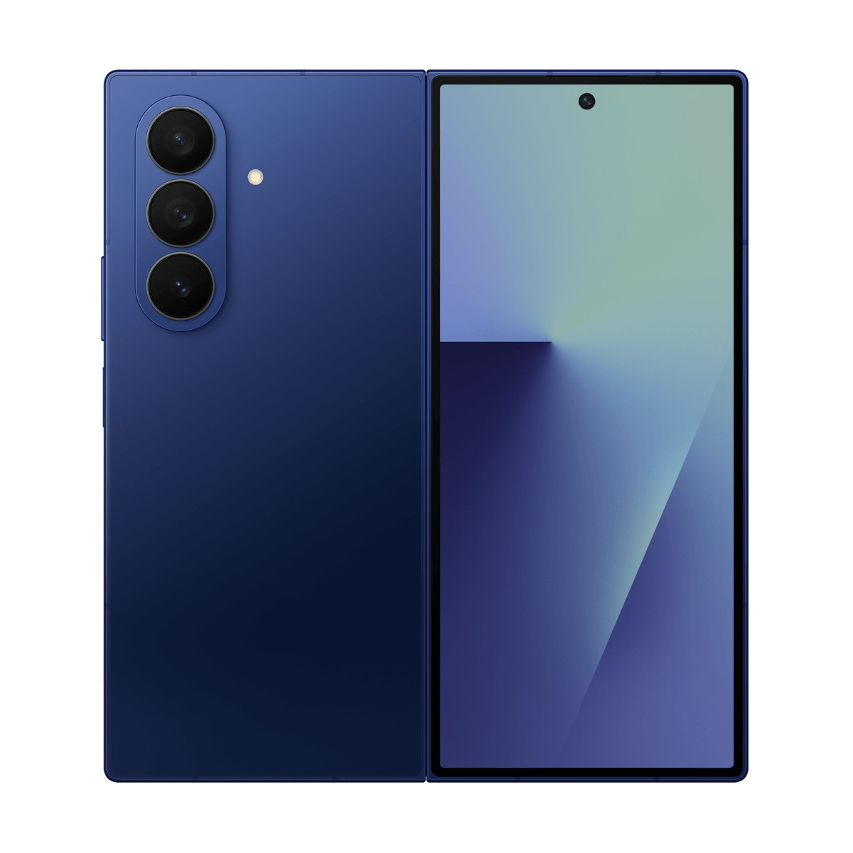 Un smartphone bleu montrant l'arrière avec trois caméras et l'avant avec un écran éclairé.