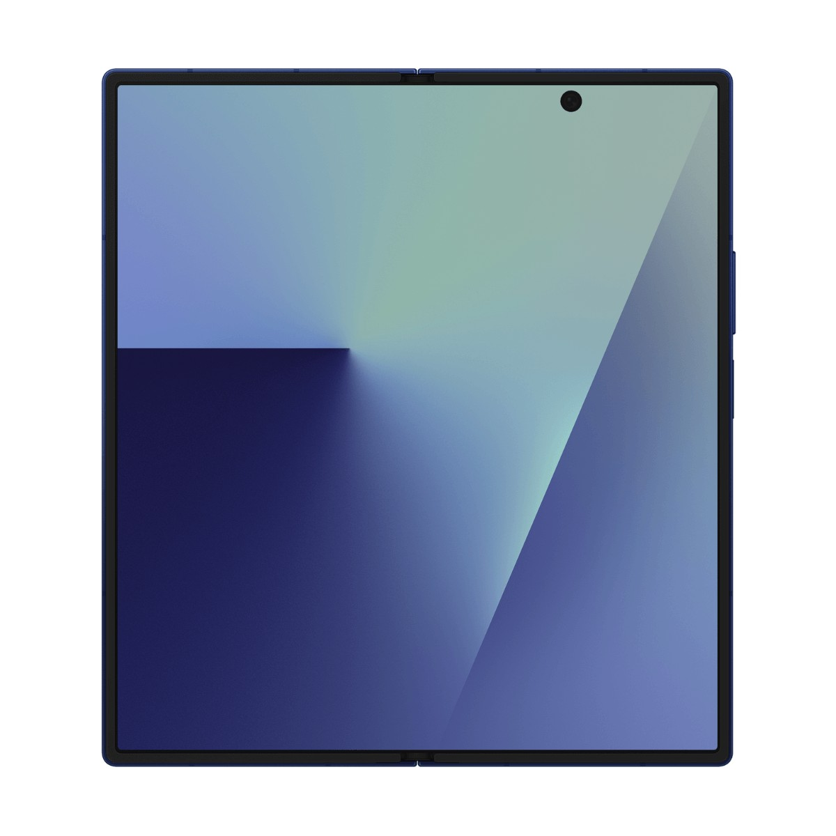Un smartphone bleu déplié avec un fond abstrait bleu et vert sur l'écran.