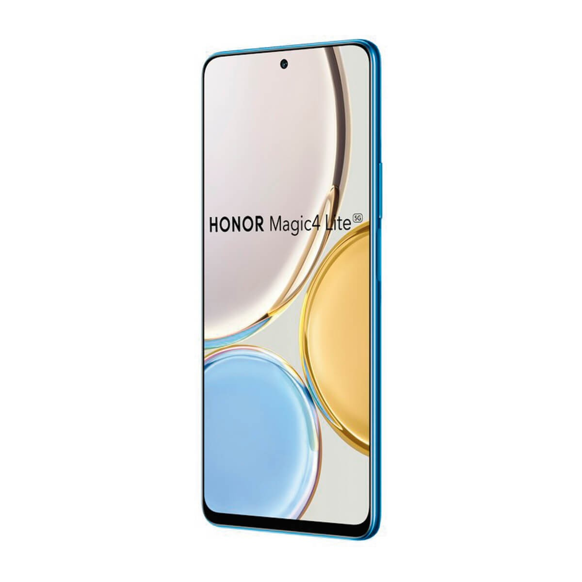 Ein blaues Honor Magic4 Lite 5G Smartphone zeigt den Markennamen auf dem bunten Bildschirm.