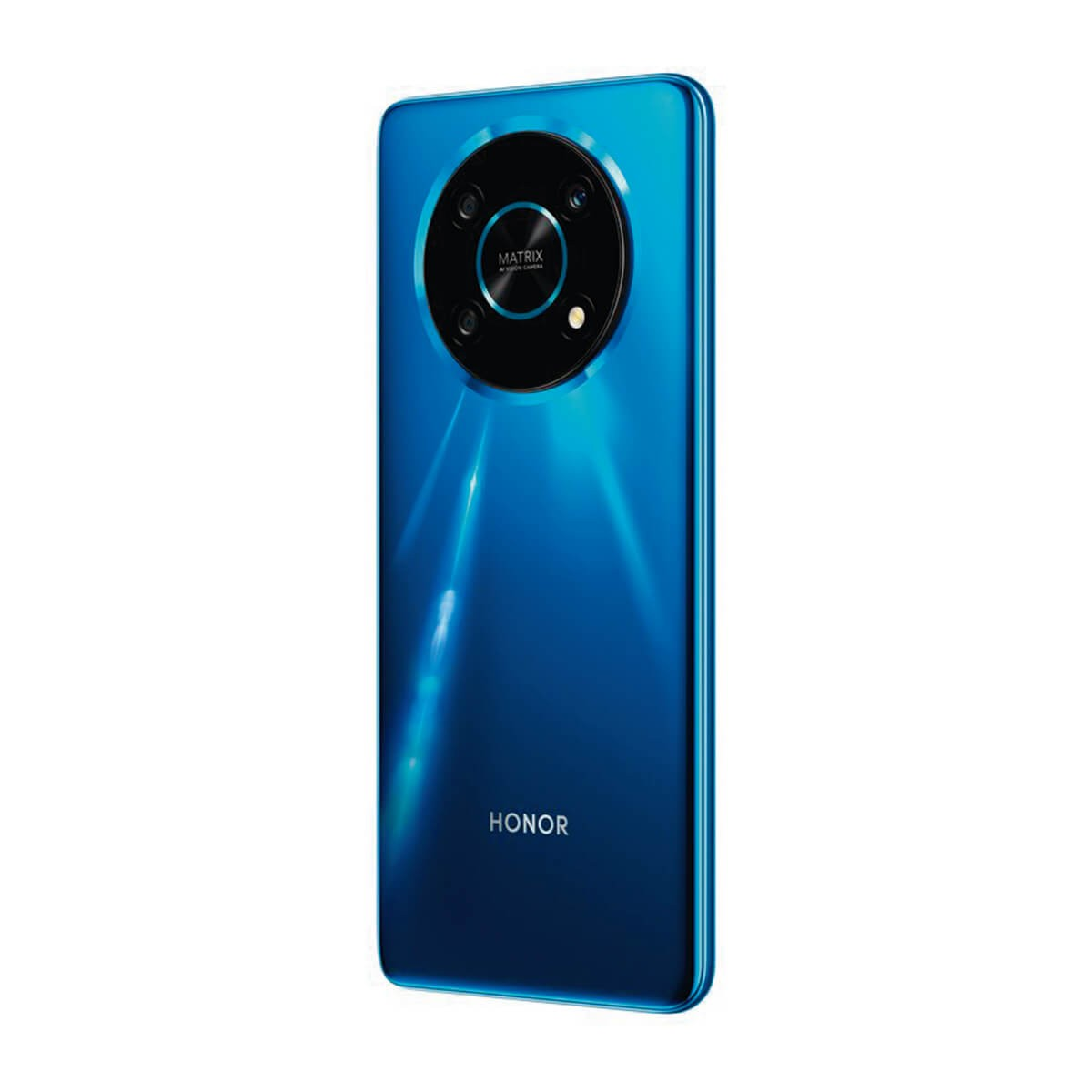 Rückseite eines blauen Honor-Smartphones mit großem runden Kameramodul oben und weißem Honor-Logo unten.