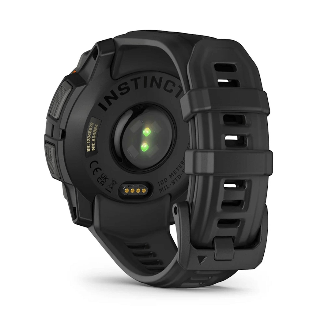 Rückseite einer schwarzen Garmin Instinct Sportuhr mit Herzfrequenzsensor und Armband auf weißem Hintergrund.