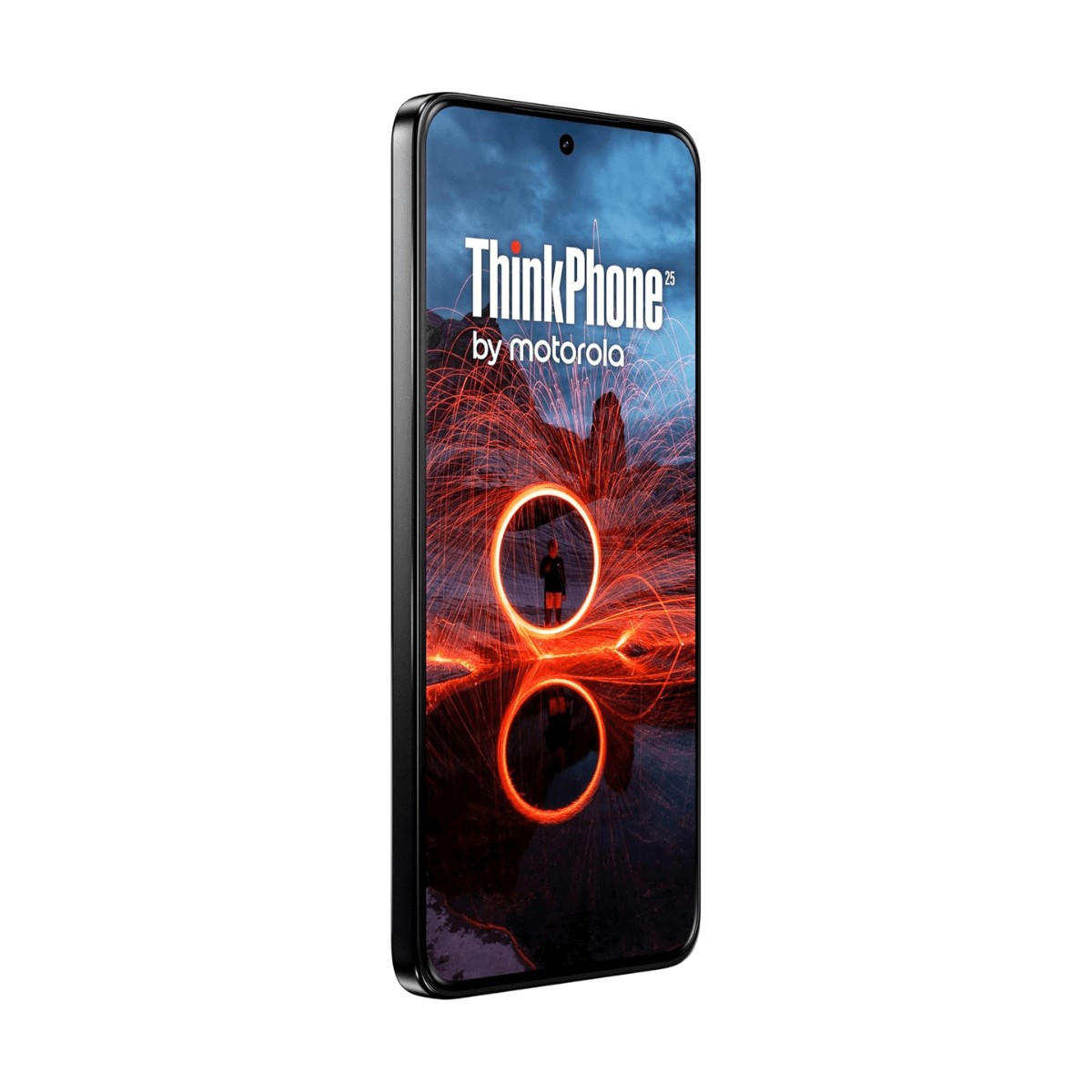 Uno smartphone ThinkPhone 25 di Motorola mostra uno schermo con pittura di luce rossa in un paesaggio.