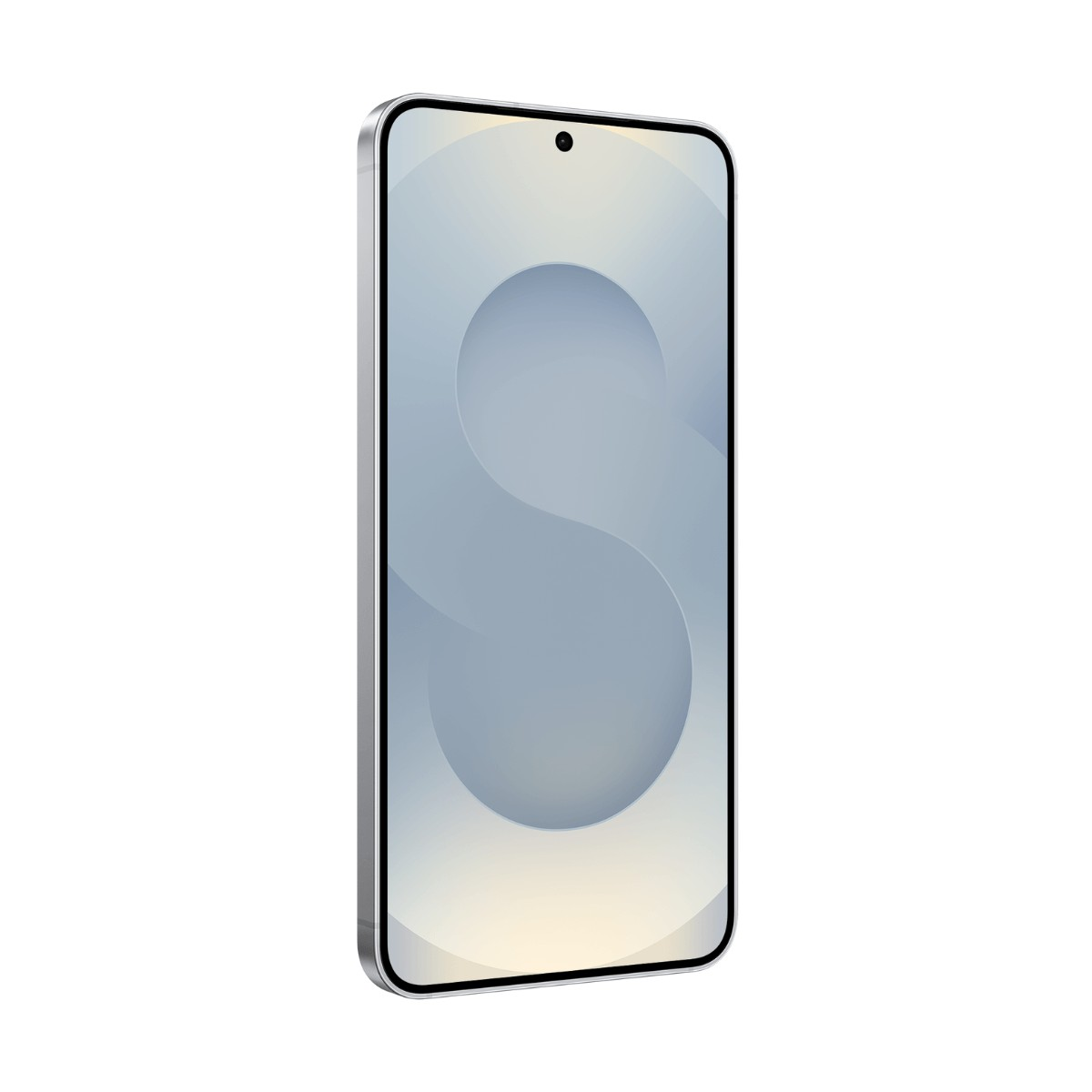 Ein Smartphone mit silbergrauem Rahmen zeigt ein abstraktes blau-graues Hintergrundbild auf dem Display.