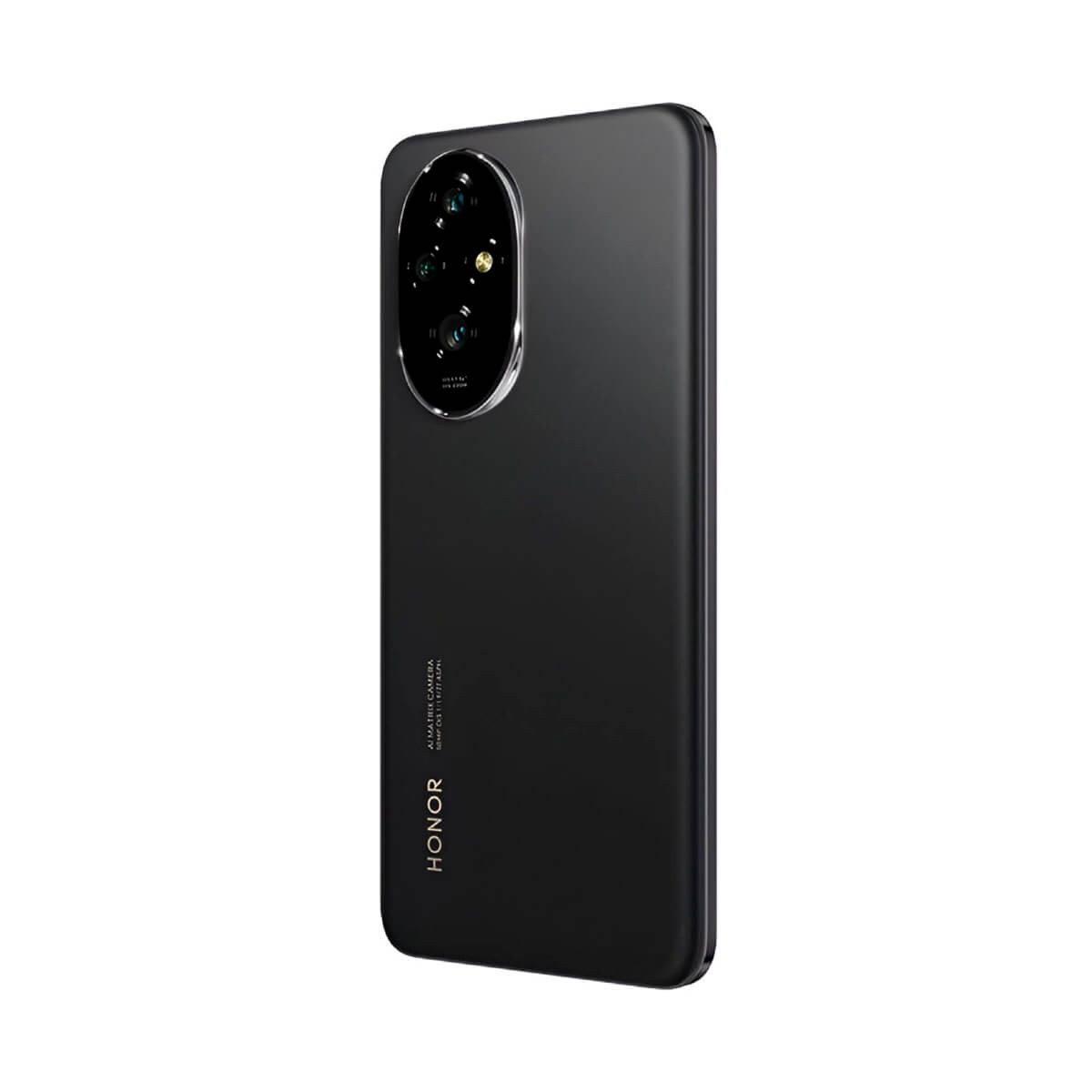 Uno smartphone Honor nero visto da dietro, con un modulo fotocamera ovale e il logo Honor.