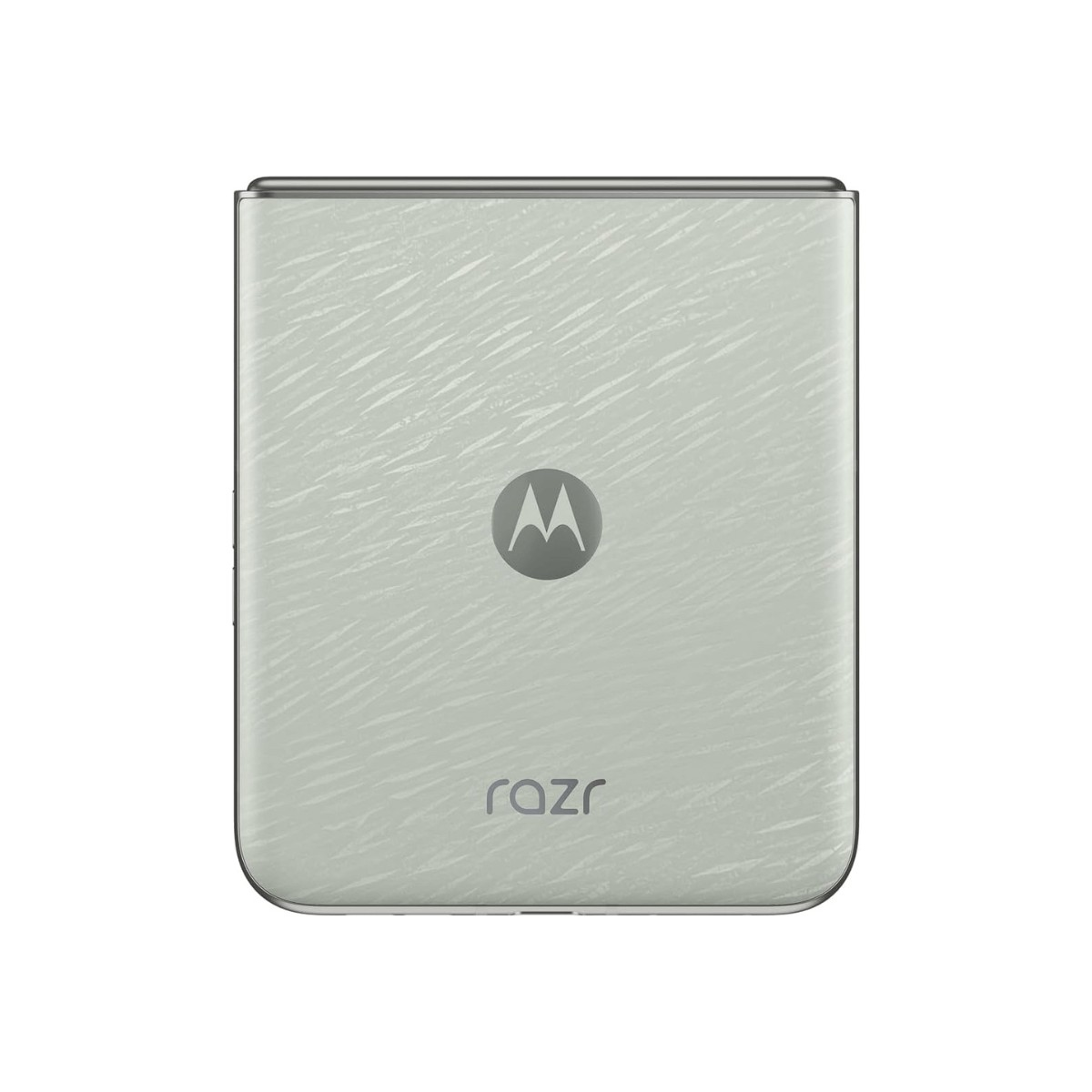 Uno smartphone Motorola Razr verde chiuso con finitura testurizzata e il logo del marchio al centro.