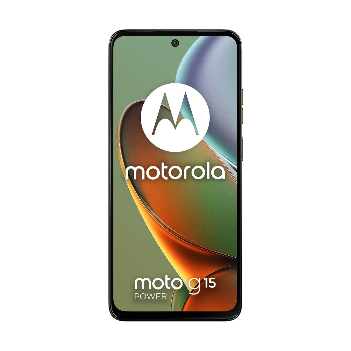 Un smartphone noir affichant le logo Motorola et 'moto g15 POWER' sur un fond graphique coloré et incurvé.