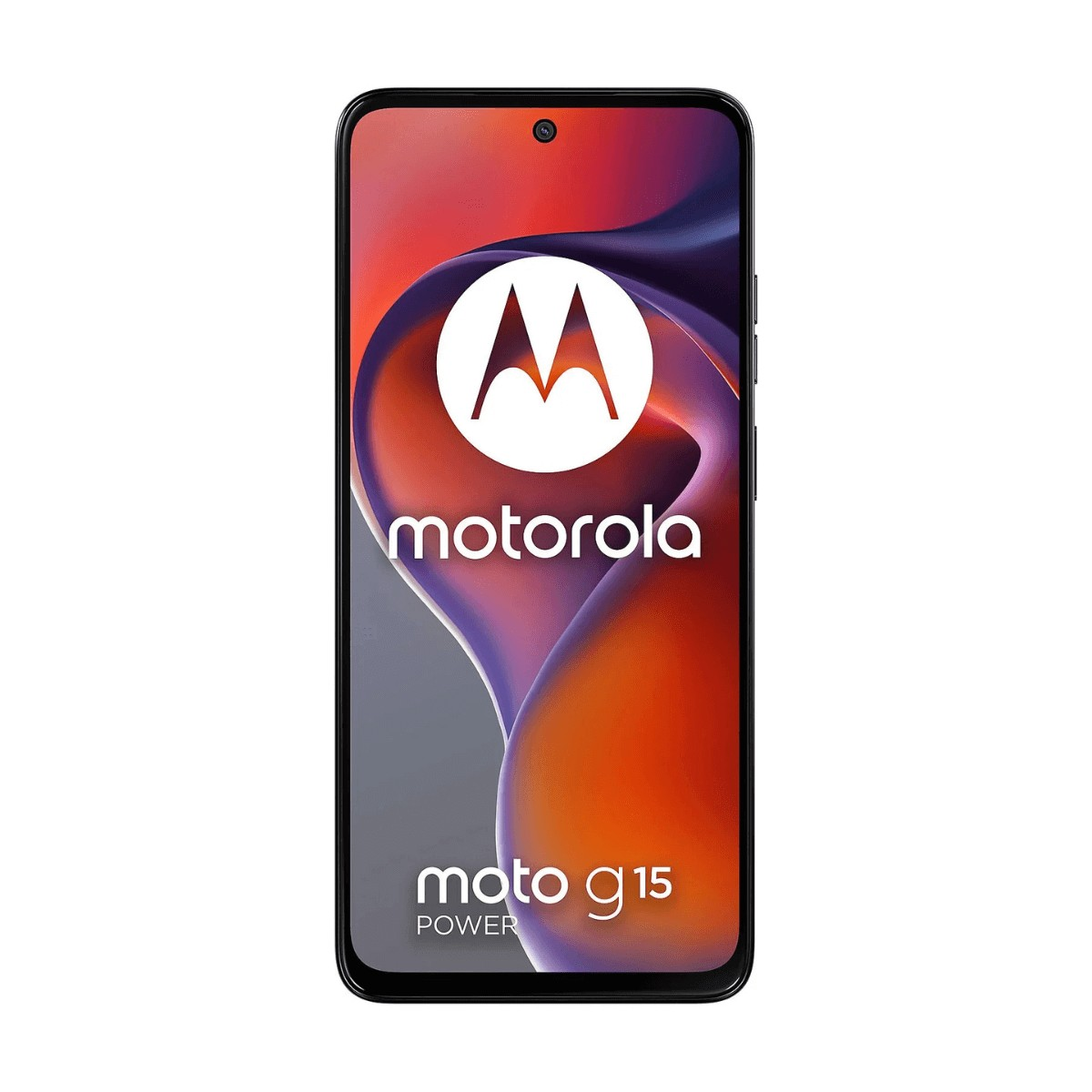 Vista frontale dello smartphone Motorola G15 Power con logo Motorola e sfondo astratto sullo schermo.