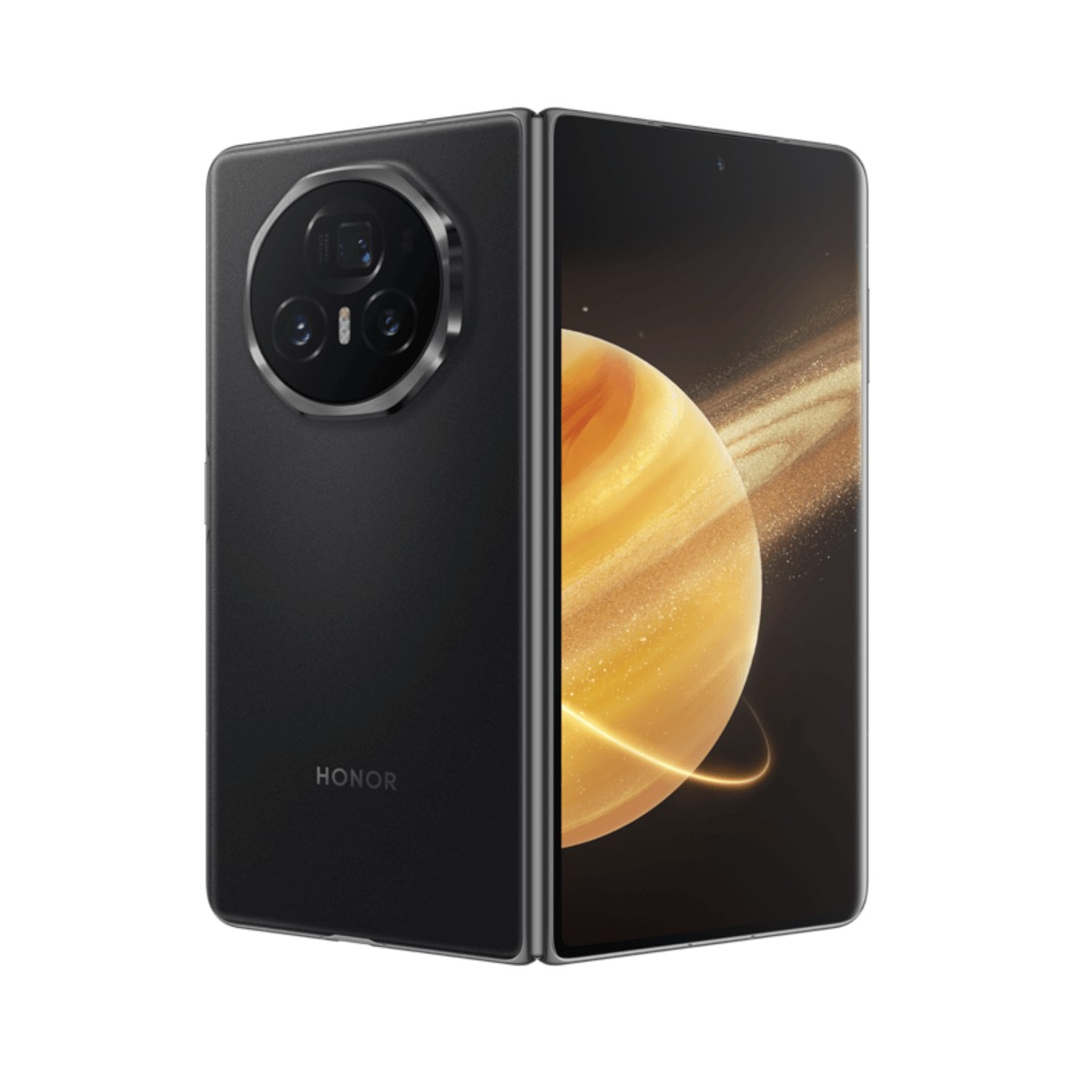 Uno smartphone pieghevole nero mostra la grafica di un pianeta sullo schermo e un modulo fotocamera sul retro.
