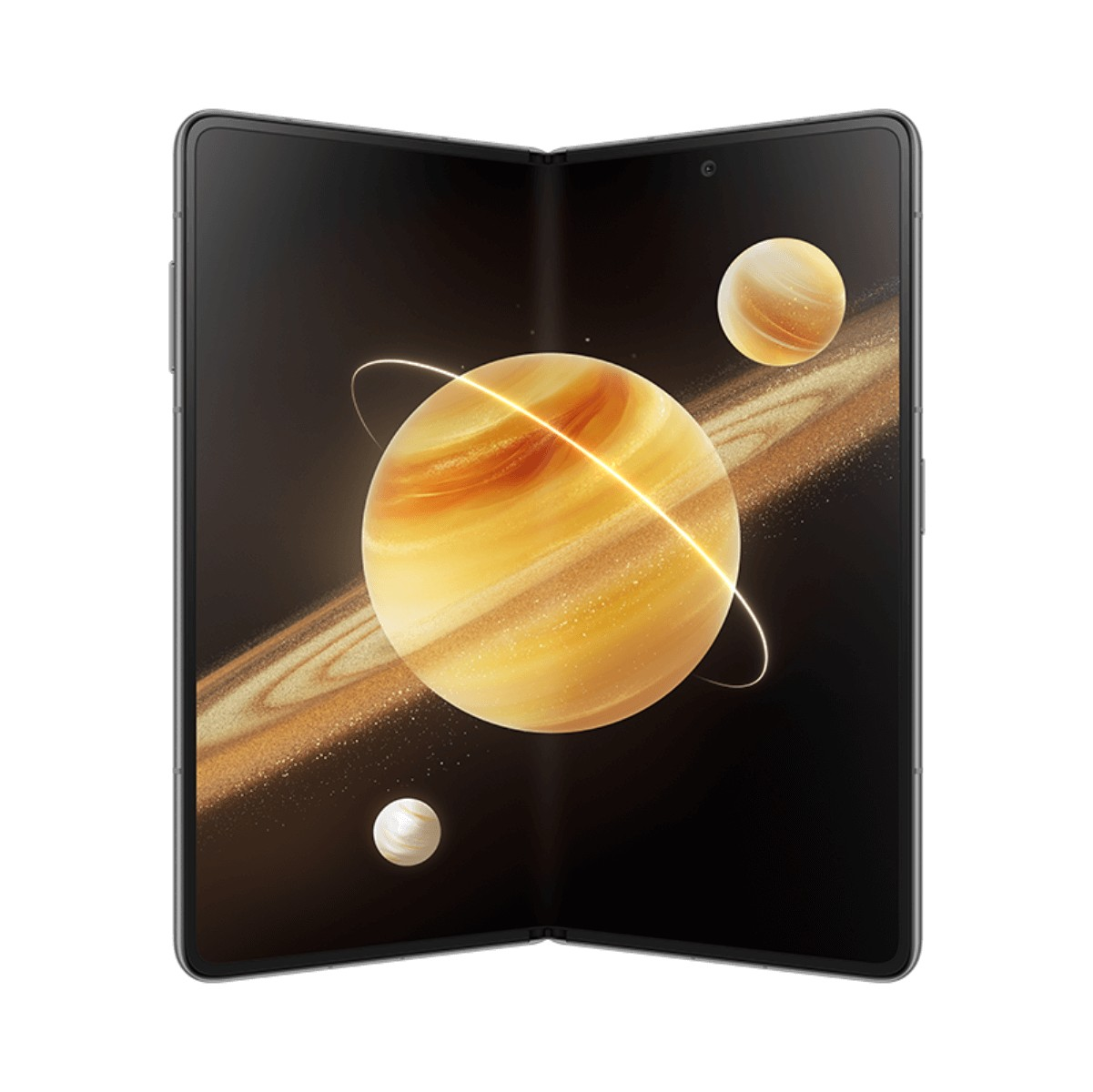 Uno smartphone pieghevole scuro mostra uno sfondo spaziale con un grande pianeta con anelli.