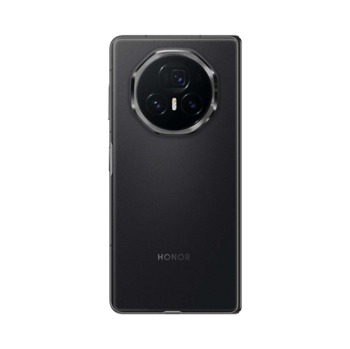 Retro di uno smartphone Honor nero con un grande modulo fotocamera rotondo in alto e il logo del marchio in basso su sfondo bianco.
