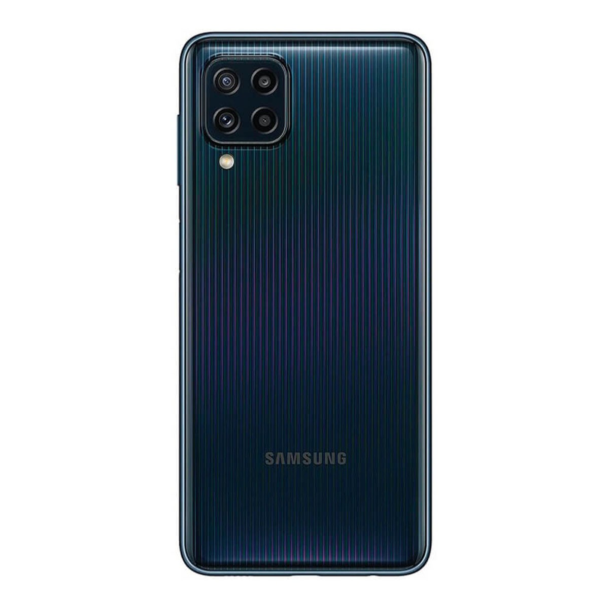 Rückseite eines blauen Samsung-Smartphones mit vertikal gestreiftem Muster und Vierkamera-Modul.
