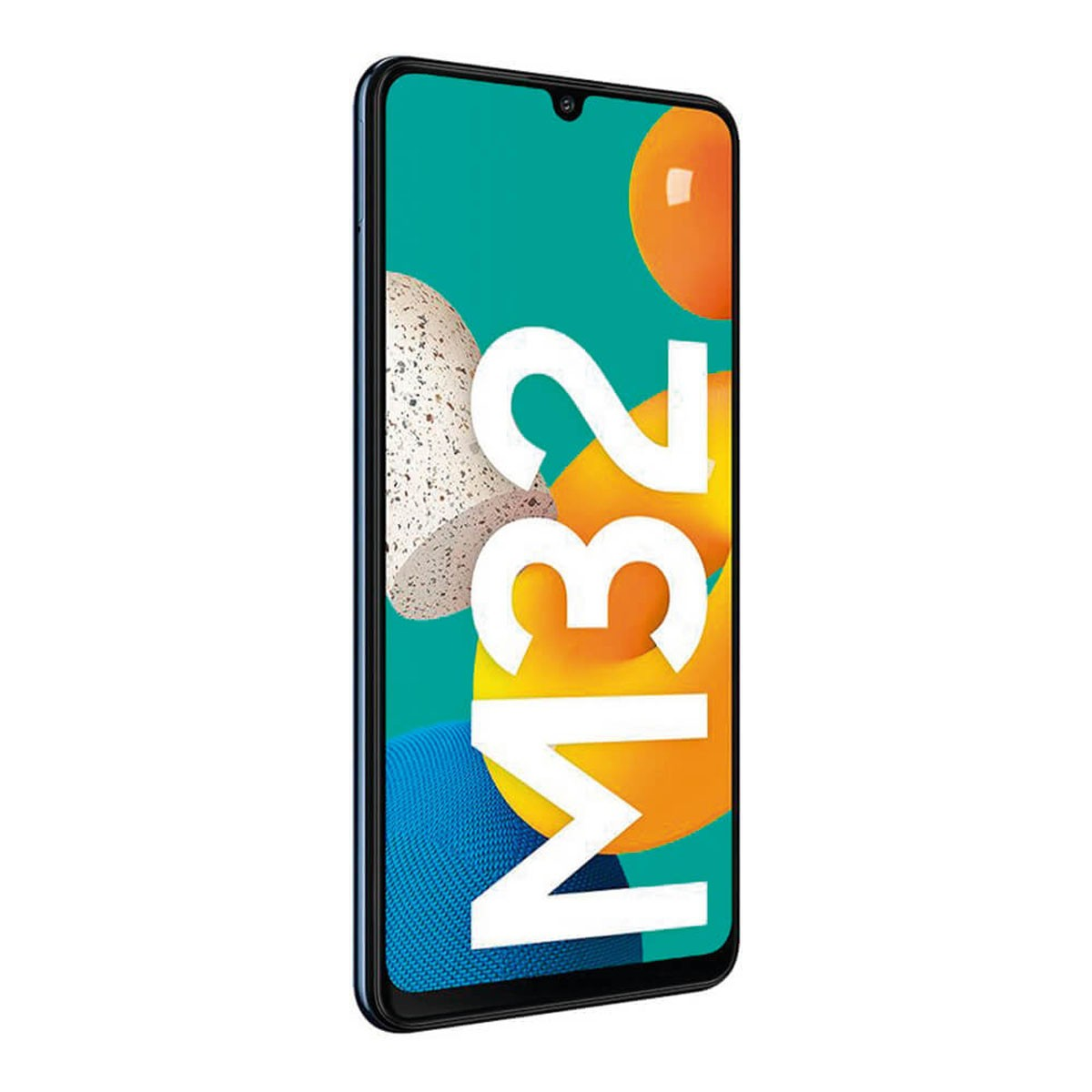 Ein Smartphone mit M32 auf buntem Hintergrund mit grünen, gelben und blauen Formen.