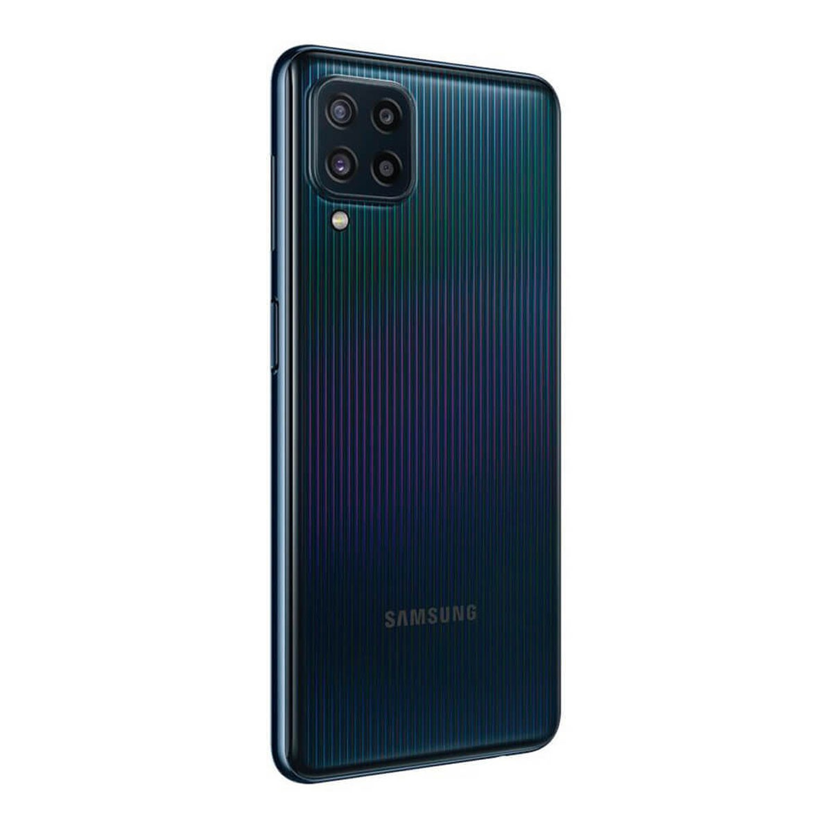 Rückseite eines dunklen Smartphones mit vertikalen Streifen, Vierfachkamera und Samsung-Logo.