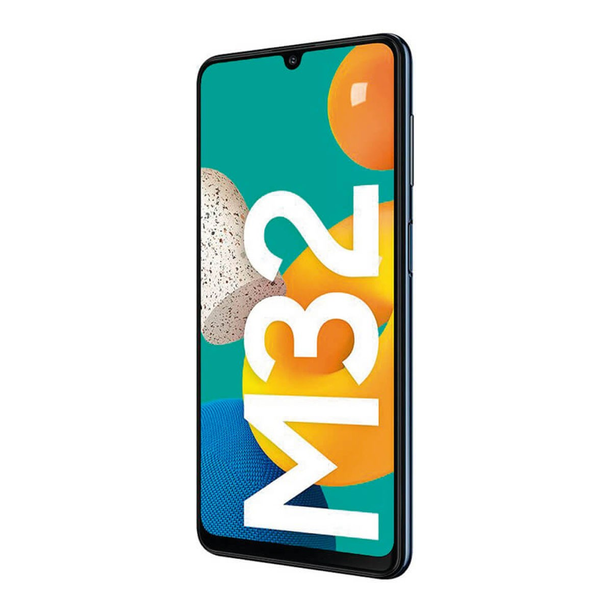 Ein schwarzes Smartphone zeigt auf dem bunten Display den weißen Schriftzug M32.