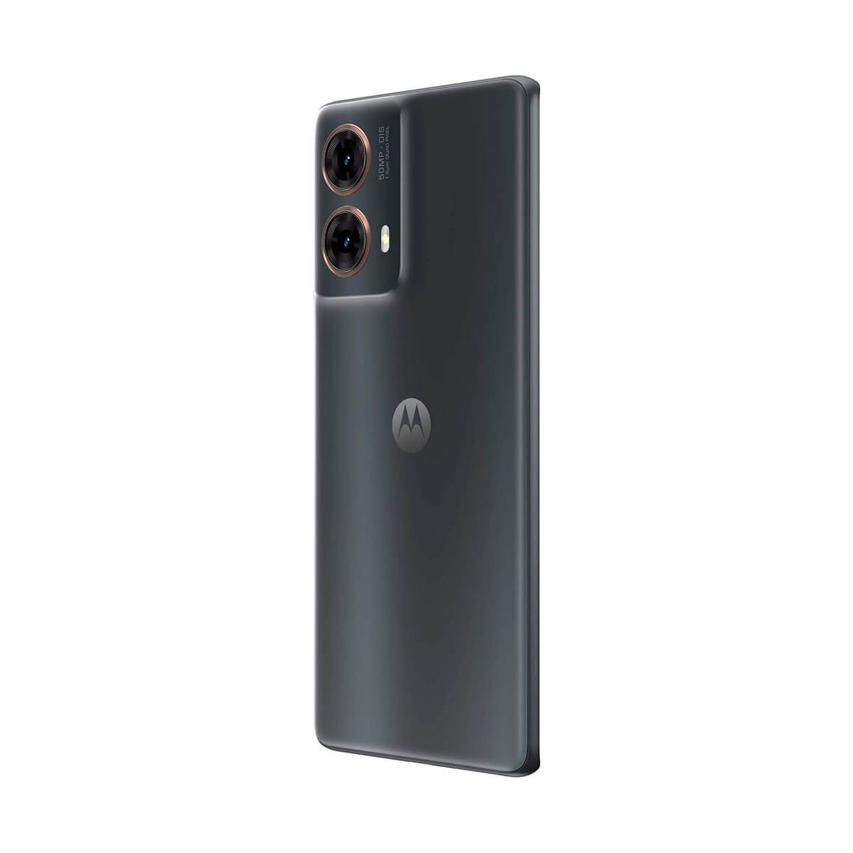 Ein dunkelgraues Motorola-Smartphone, das die duale Kameramodul auf der Rückseite und das Motorola-Logo zeigt.
