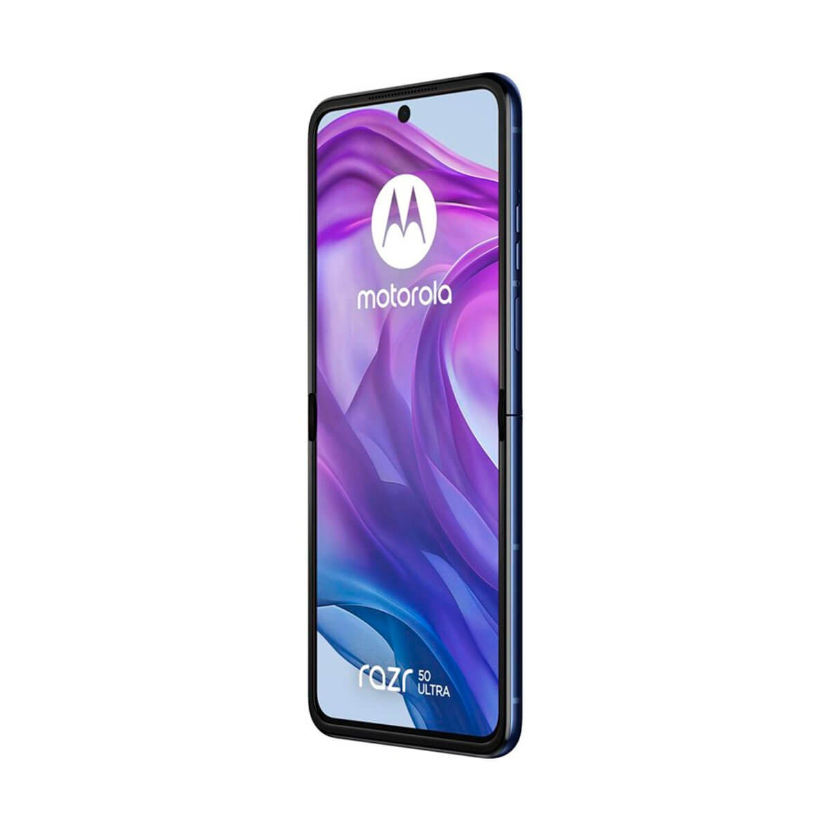Ein blaues Motorola Razr 50 Ultra Smartphone mit farbigem Hintergrund auf dem Bildschirm.