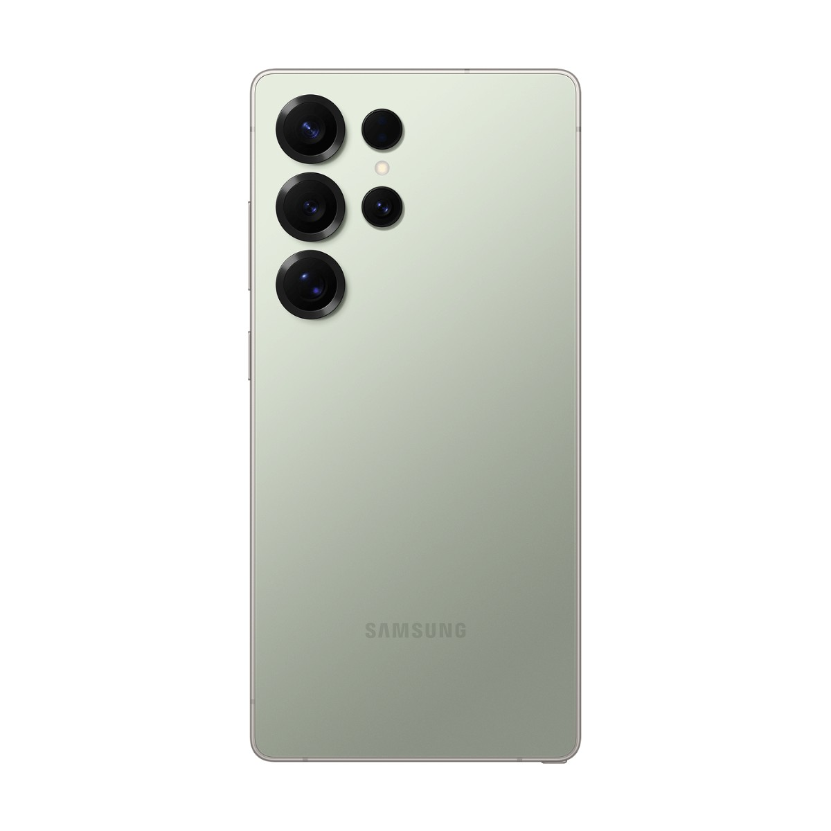 Back of a light green smartphone featuring five camera lenses and the Samsung logo.