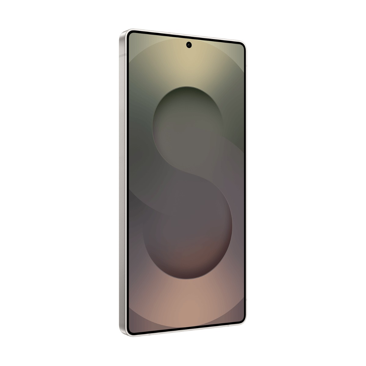 A silver smartphone with a slim bezel displays an abstract pattern in shades of green and brown on the screen.