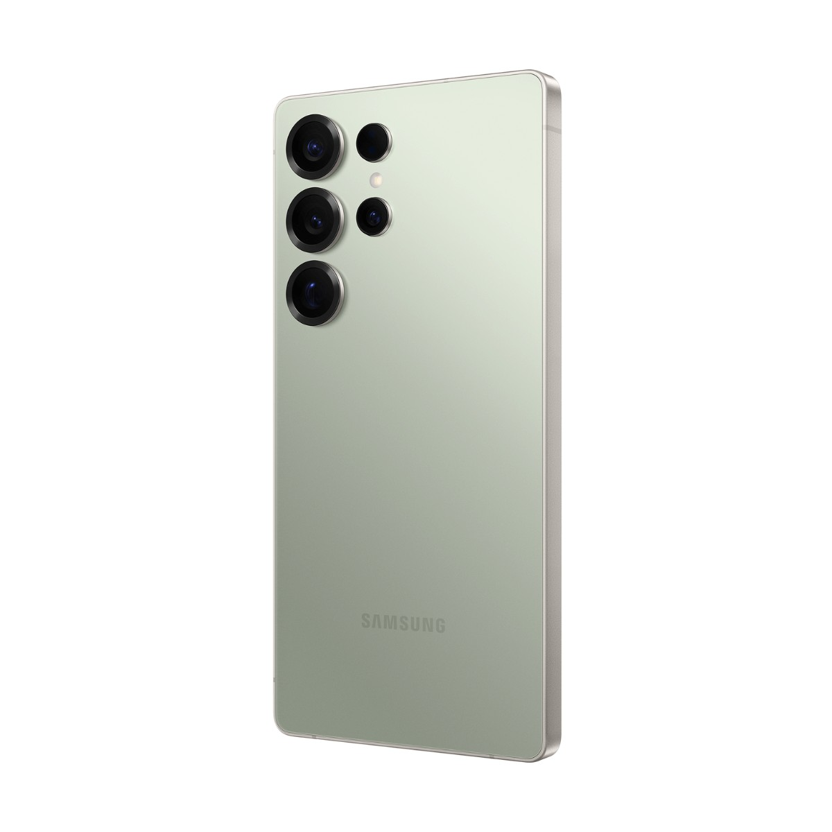 Retro di uno smartphone verde chiaro con quattro fotocamere verticali e il logo Samsung.