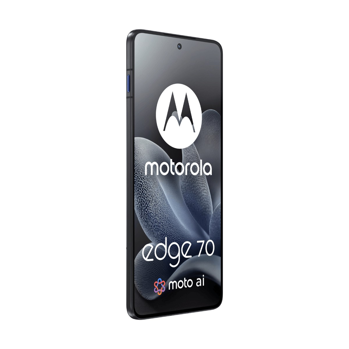 Smartphone Motorola Edge 70 avec un boîtier noir et un écran de marque sur fond blanc.