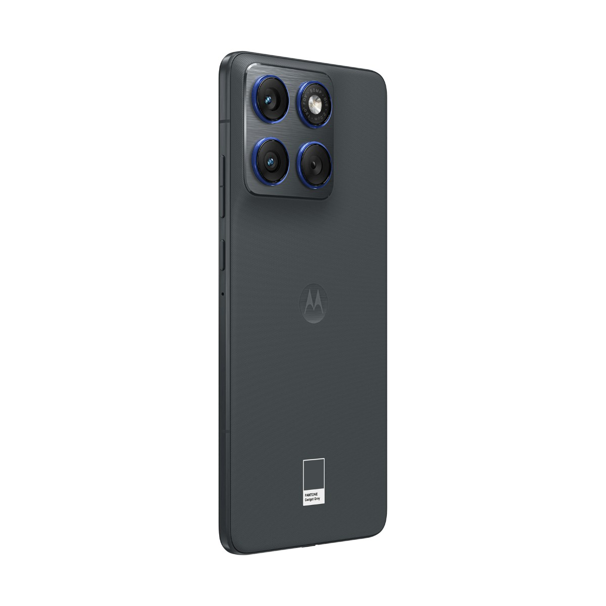 Dos d'un smartphone gris Motorola avec quatre objectifs de caméra et le logo Pantone.