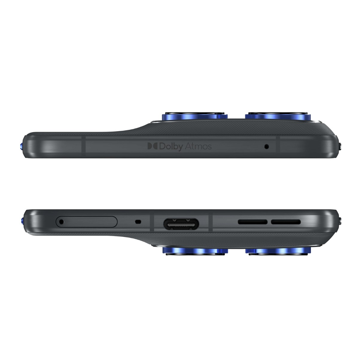 Vues latérales d'un smartphone sombre avec logo Dolby Atmos, port USB-C et caméras.