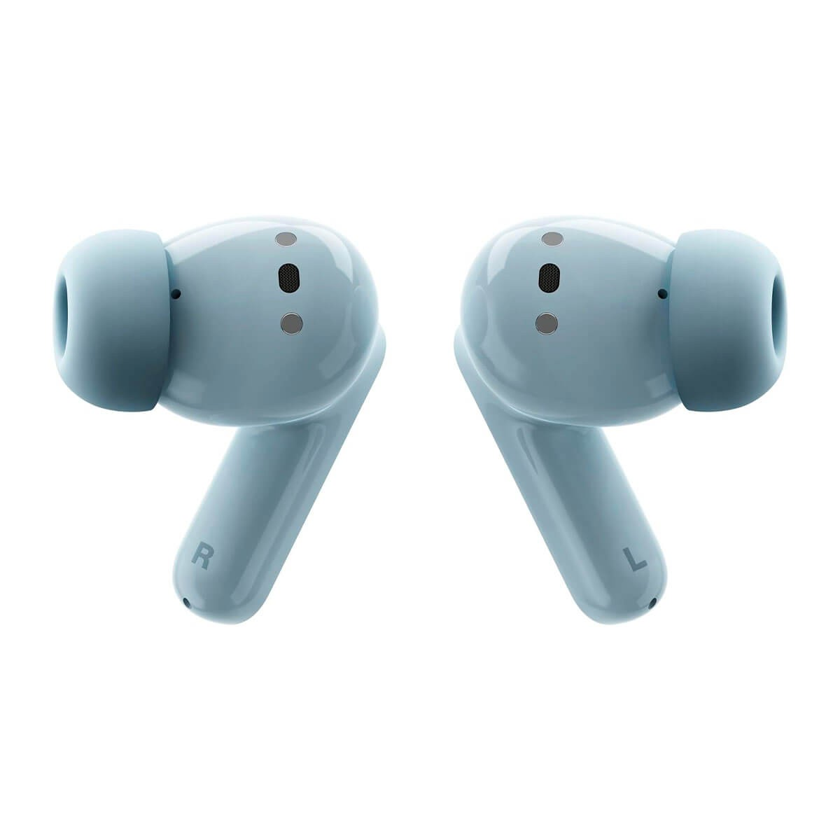 Auricolari wireless azzurri con steli su sfondo bianco, contrassegnati con R e L.