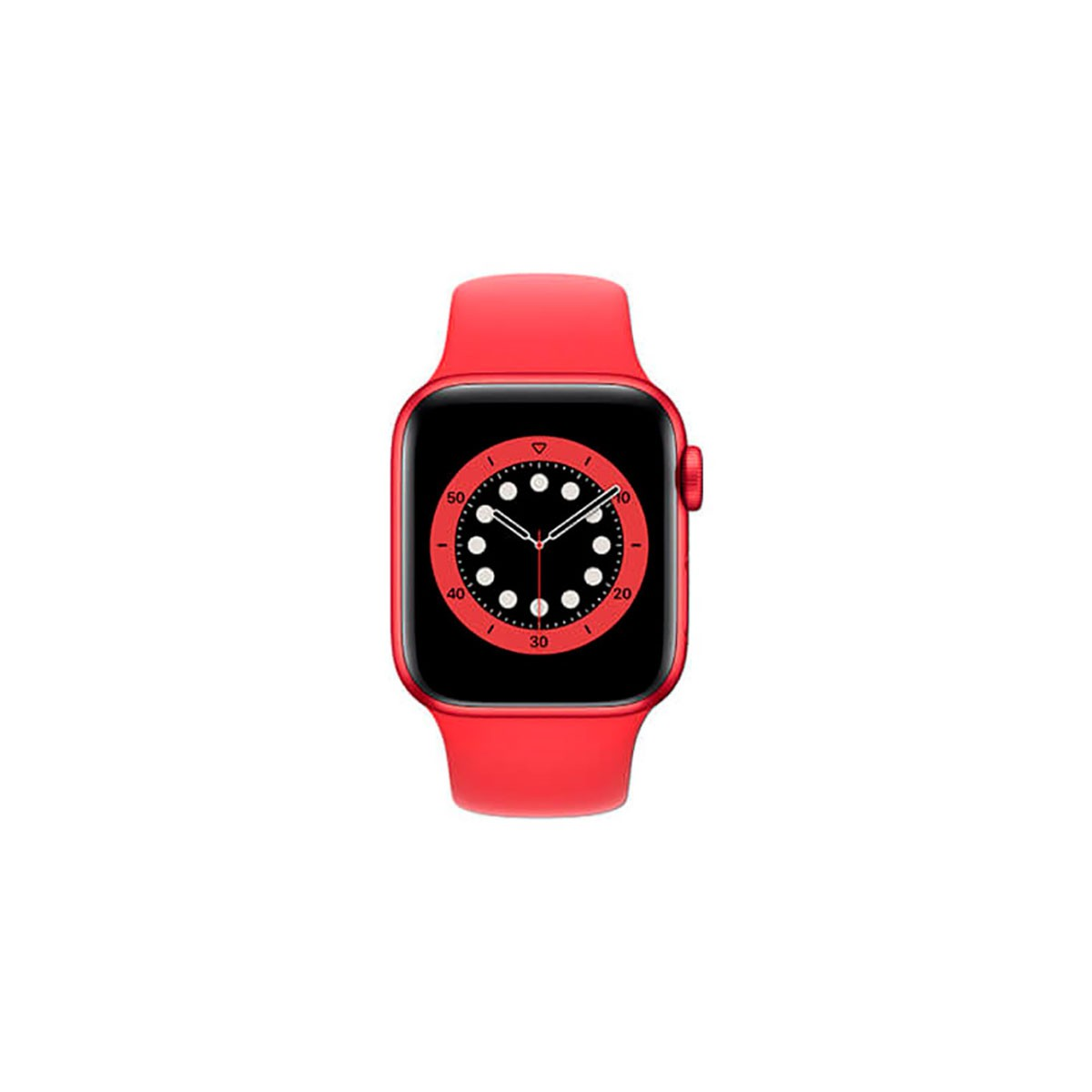 Eine rote Smartwatch mit schwarzem Bildschirm und passendem rotem Armband vor weißem Hintergrund.