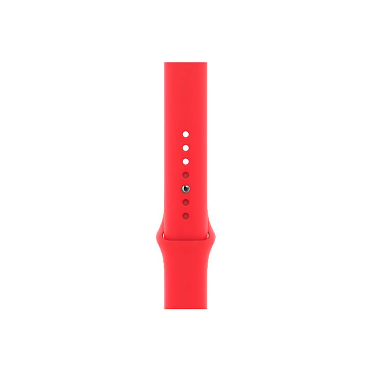 Ein rotes Silikon-Uhrenarmband mit Löchern und Metallstift vor weißem Hintergrund.