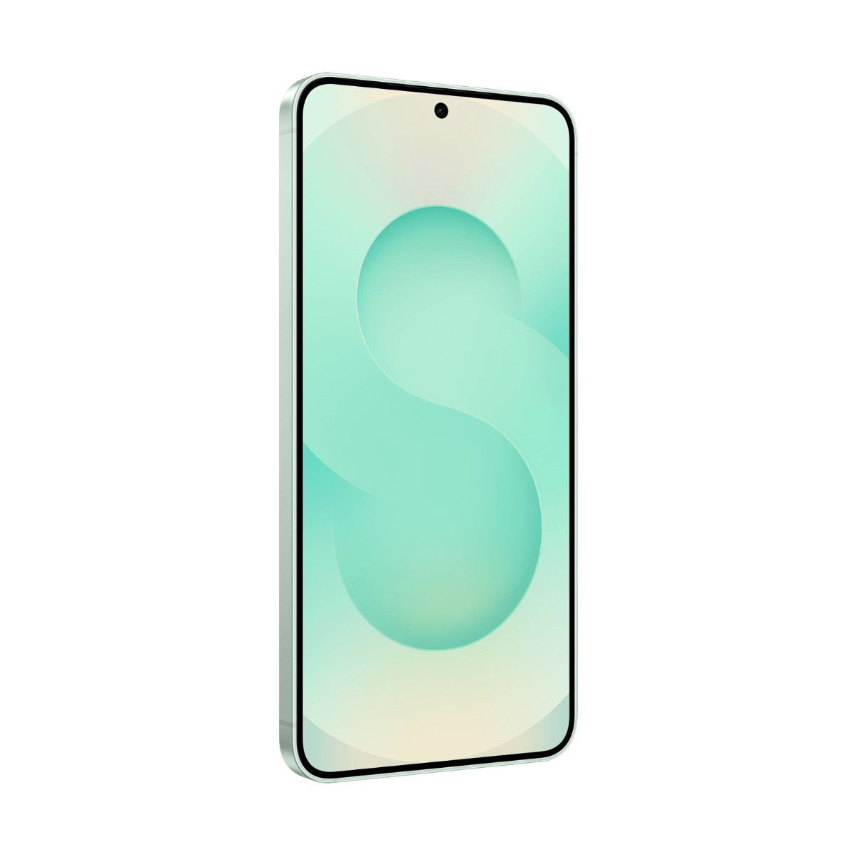 Uno smartphone verde menta con display luminoso su sfondo bianco.