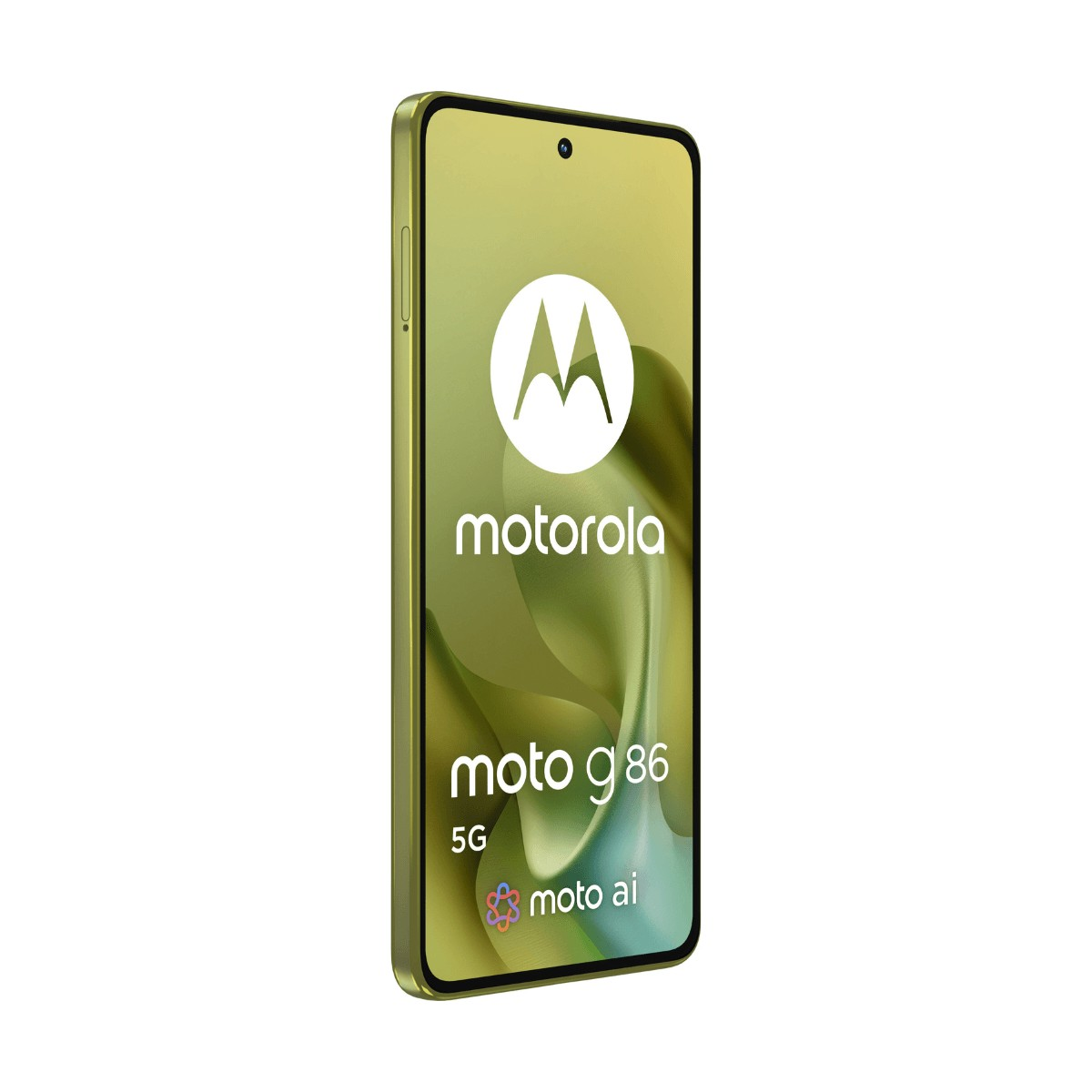 Uno smartphone Motorola moto g86 5G verde chiaro mostra il logo e il testo sullo schermo.