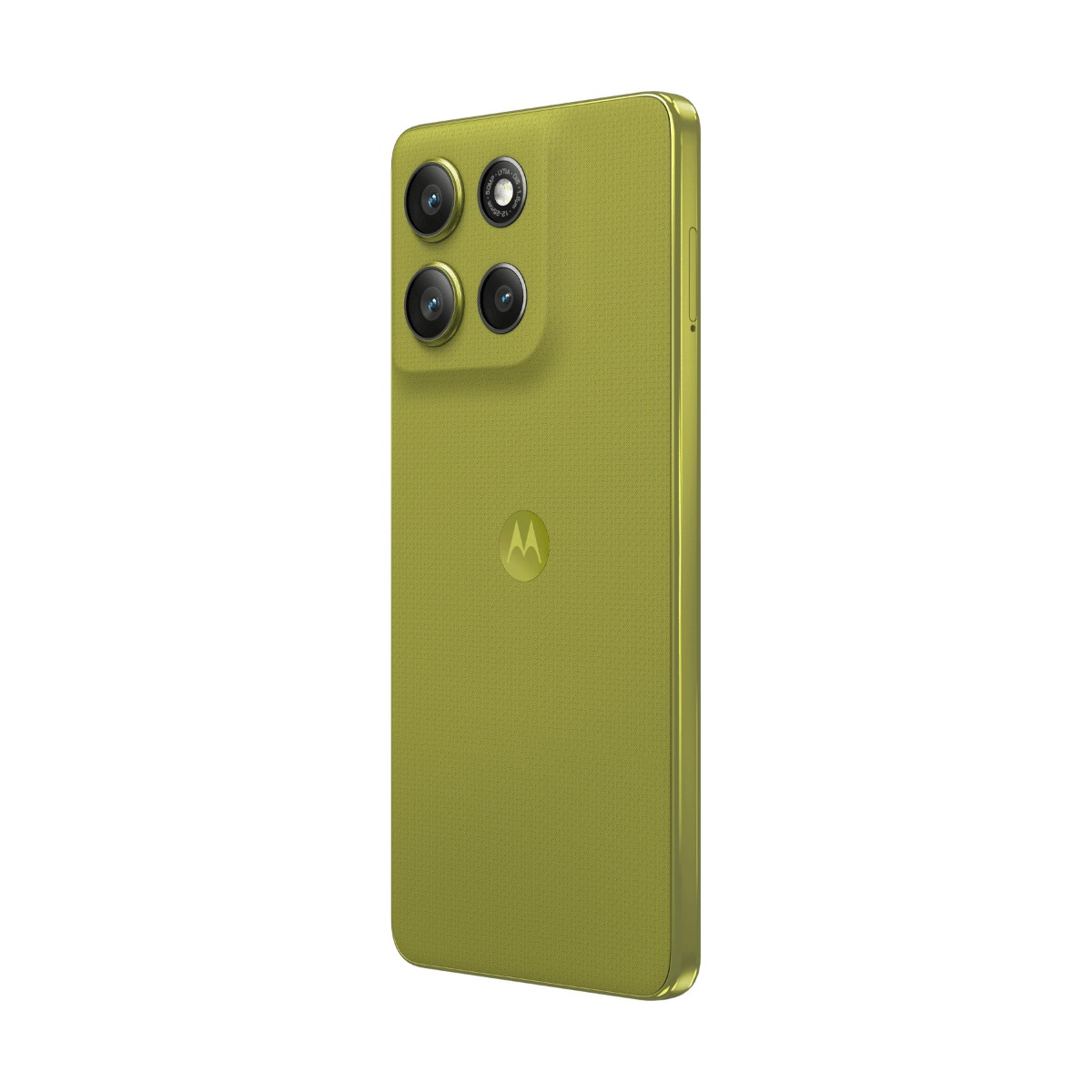 Uno smartphone verde oliva visto da dietro, con quattro obiettivi della fotocamera e il logo Motorola.