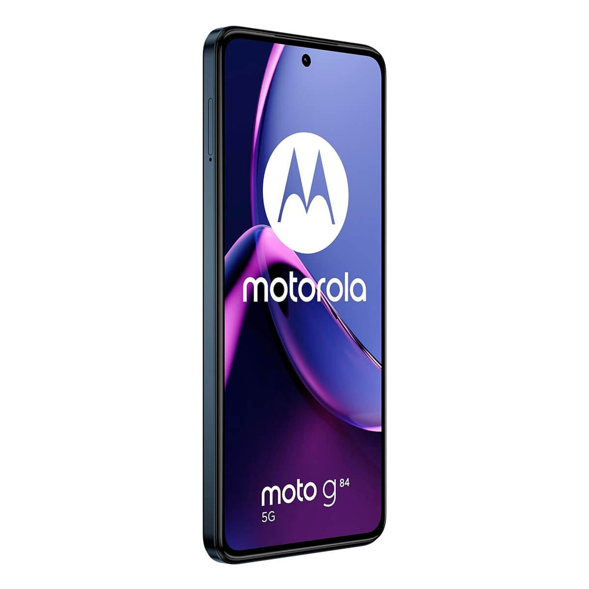 Uno smartphone nero Motorola Moto G84 5G mostra uno schermo viola con il logo Motorola.