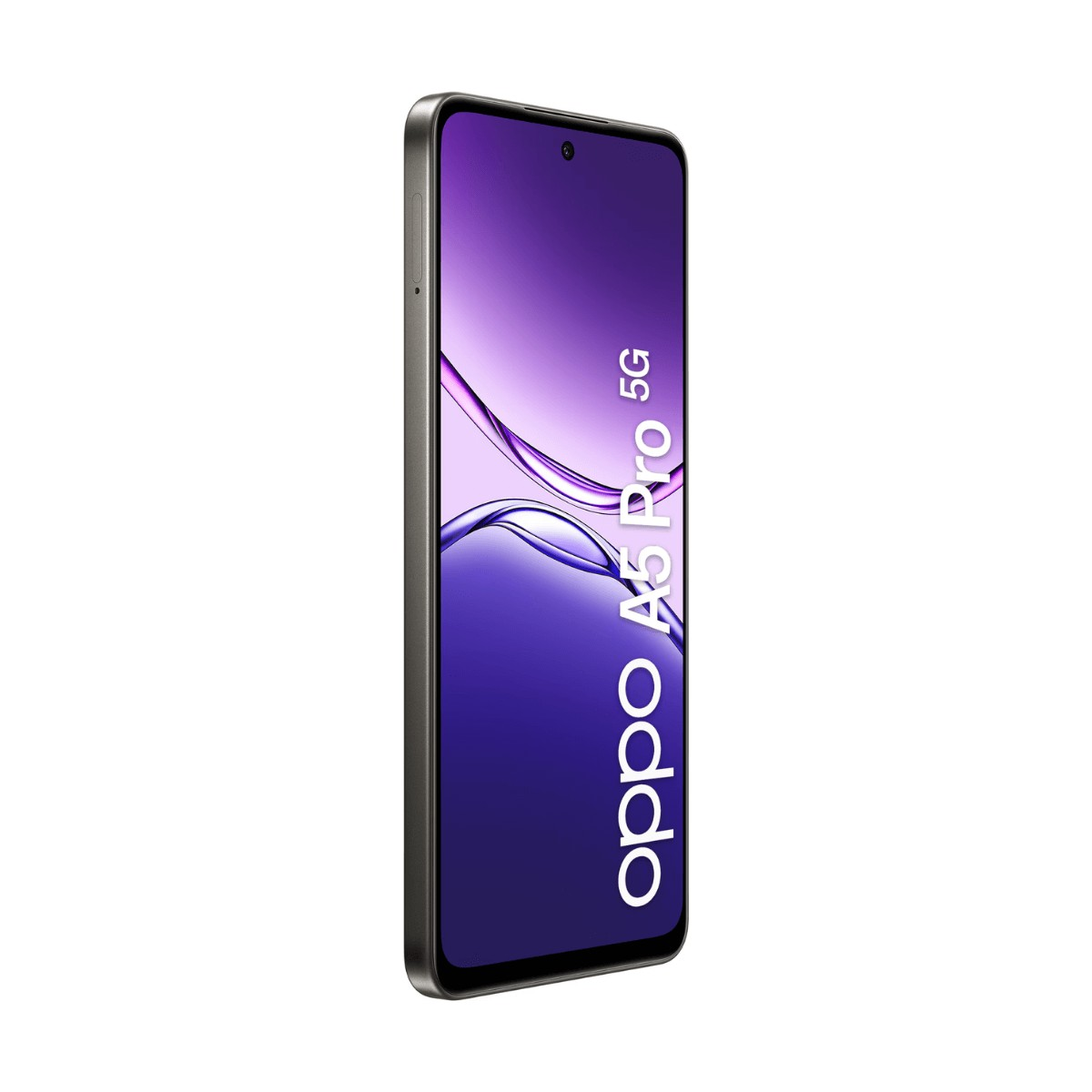 Smartphone Oppo A5 Pro 5G con cornice grigia e schermo viola.