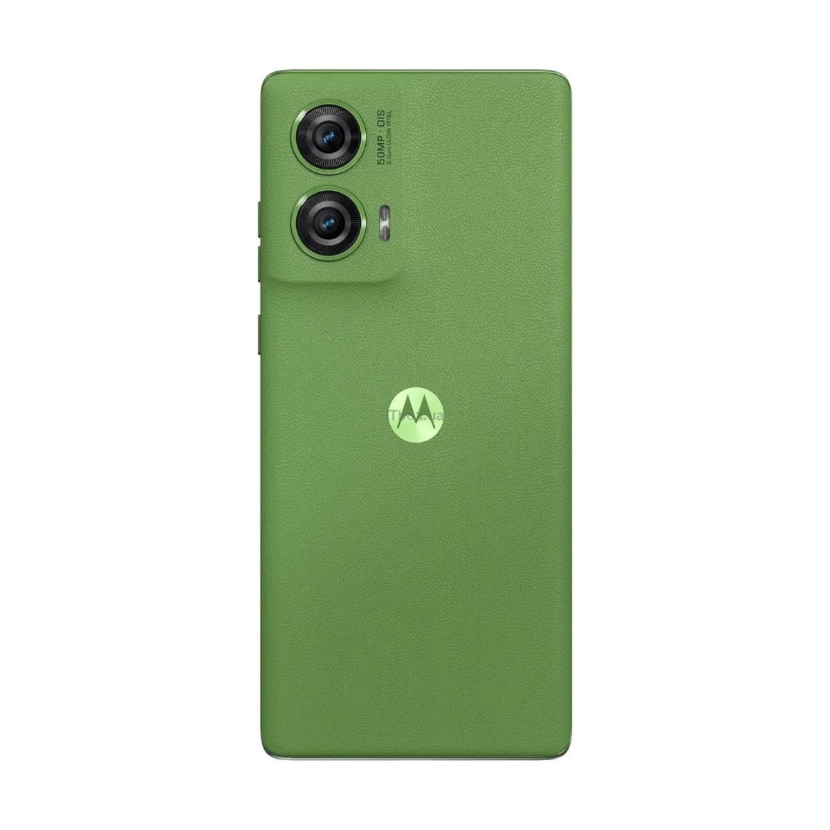 Rückseite eines grünen Smartphones mit zwei Kameras und dem Motorola-Logo.