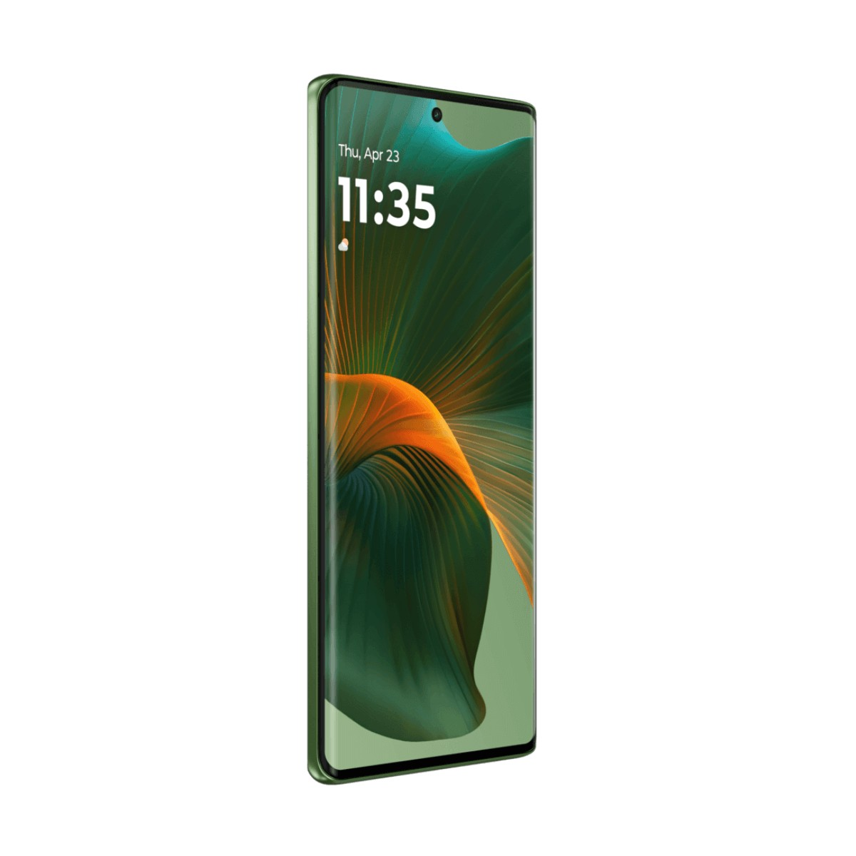 Ein grünes Smartphone mit geschwungenem Bildschirm zeigt die Uhrzeit 11:35 und ein abstraktes grünes Hintergrundbild.