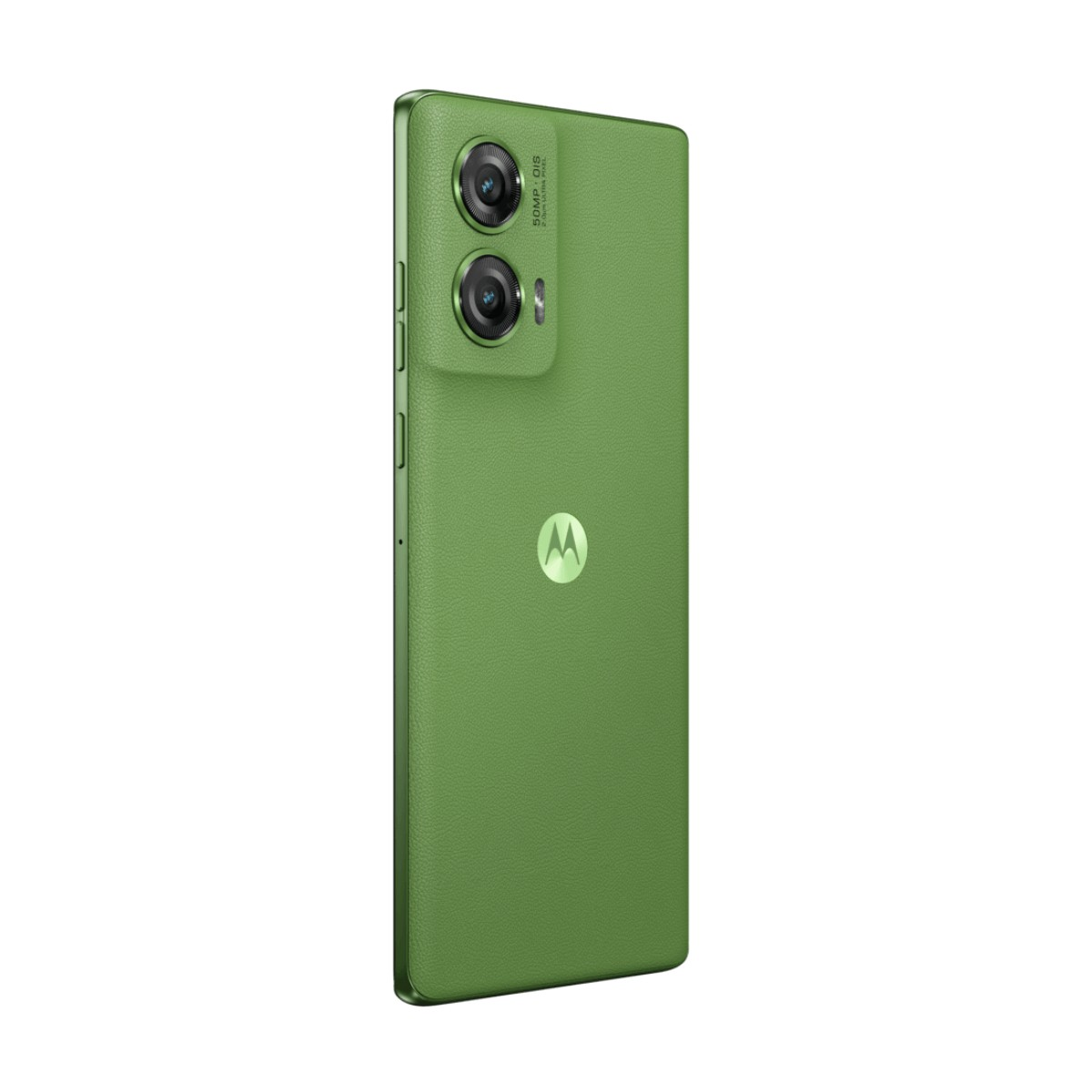 Rückseite eines grünen Motorola-Smartphones mit zwei Kameras und dem Motorola-Logo.