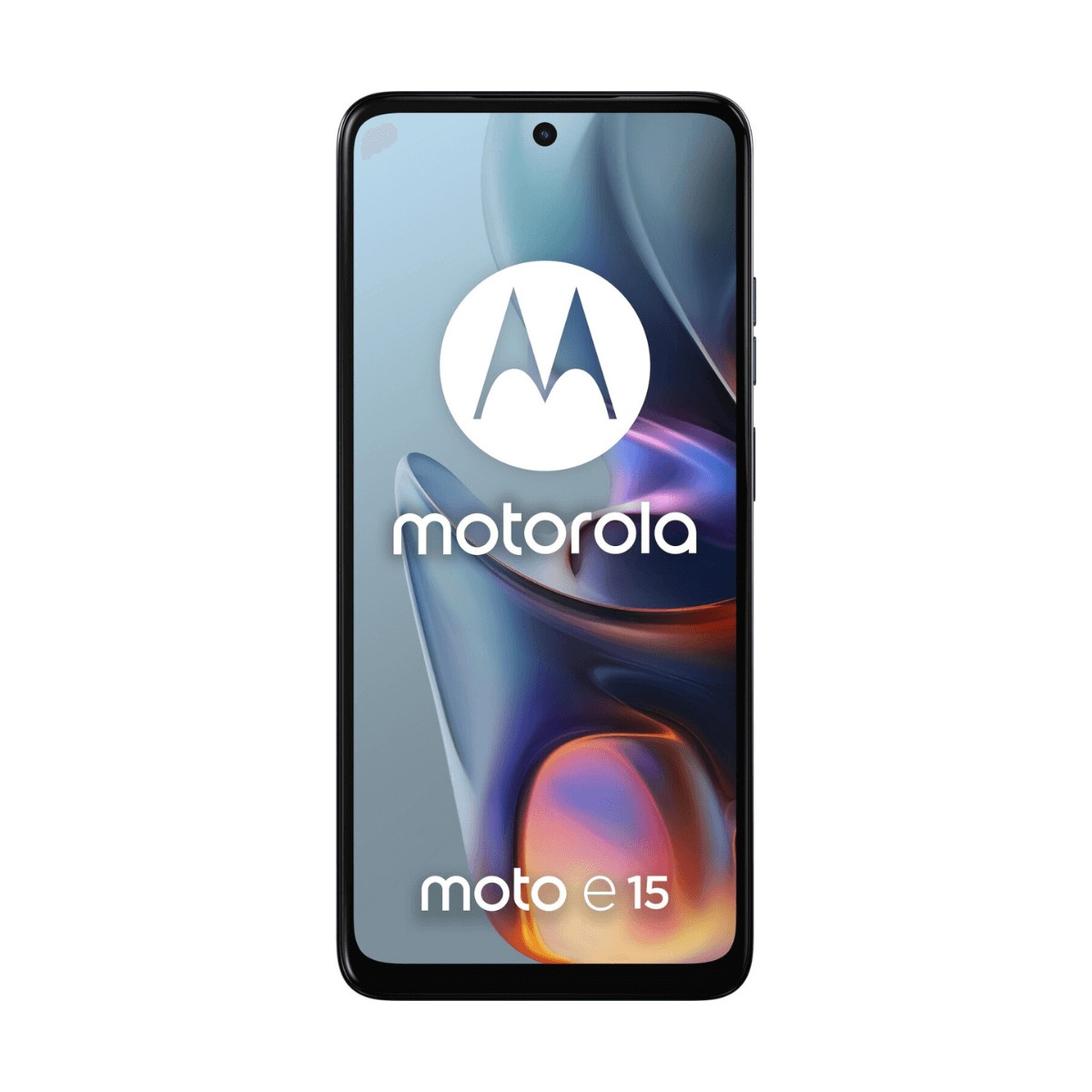 Smartfon Motorola moto e15 z logo Motorola i kolorową, abstrakcyjną tapetą na ekranie.