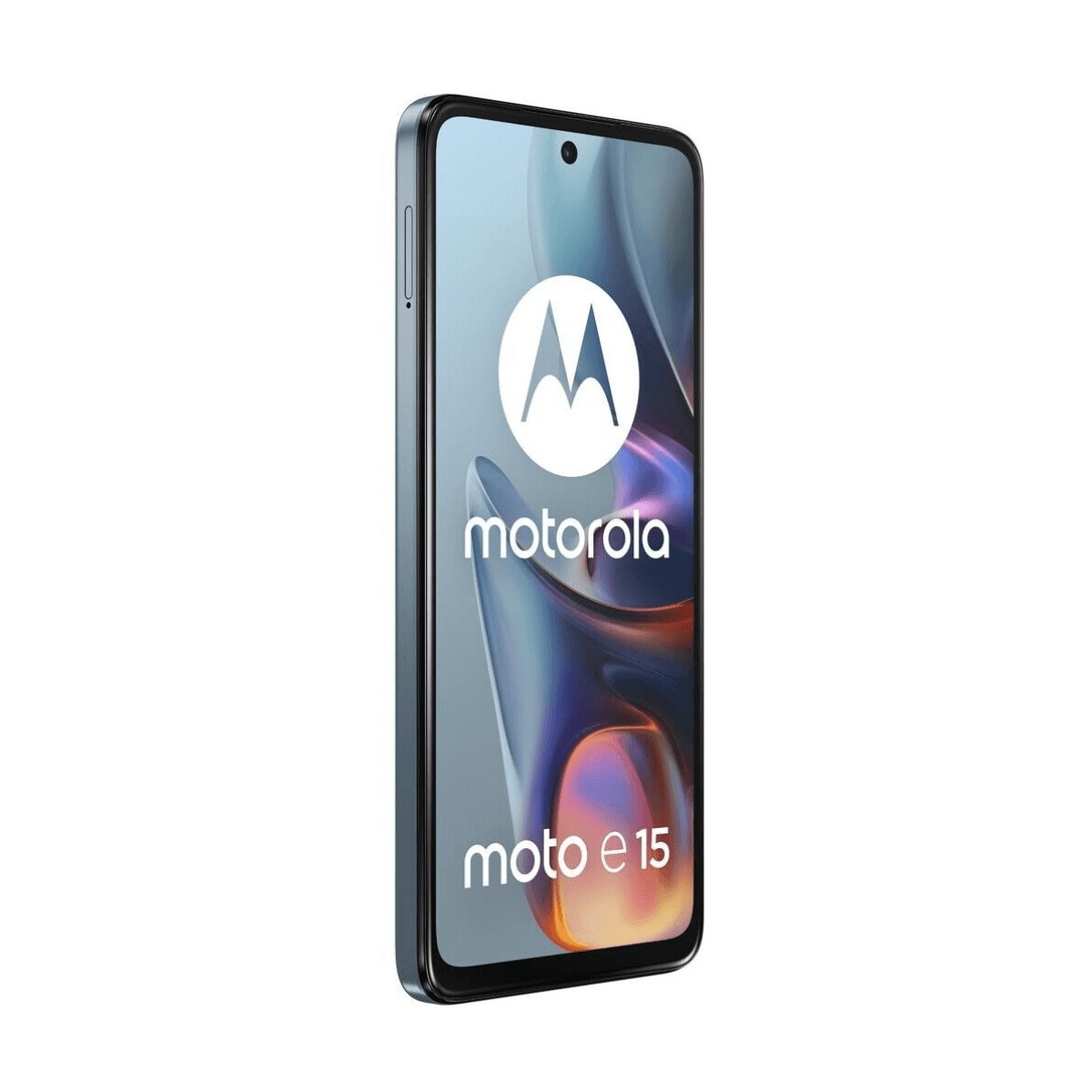 Szary smartfon Motorola Moto e15 z logo marki na ekranie na białym tle.