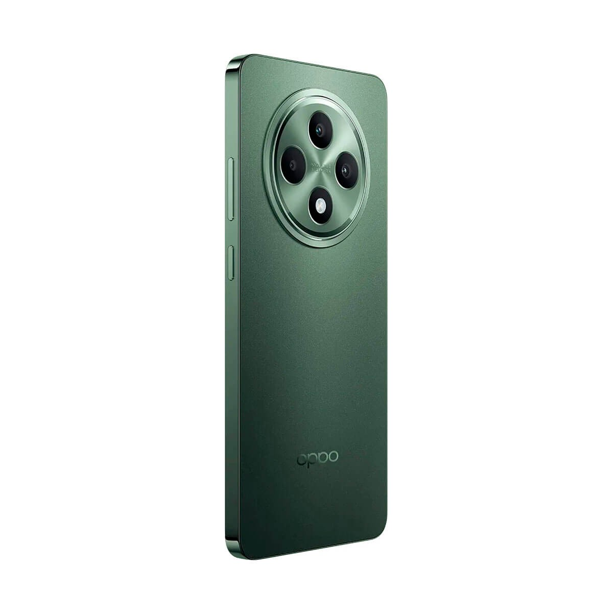 Uno smartphone verde inclinato a sinistra, con modulo fotocamera circolare e logo Oppo.