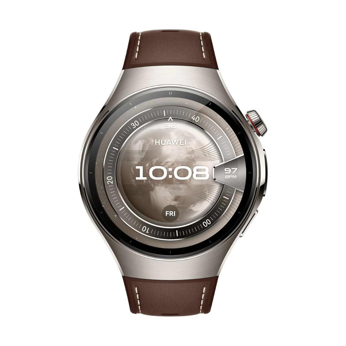 Stylowy smartwatch z brązowym skórzanym paskiem i srebrną metalową kopertą pokazuje godzinę 10:08 na wyświetlaczu.