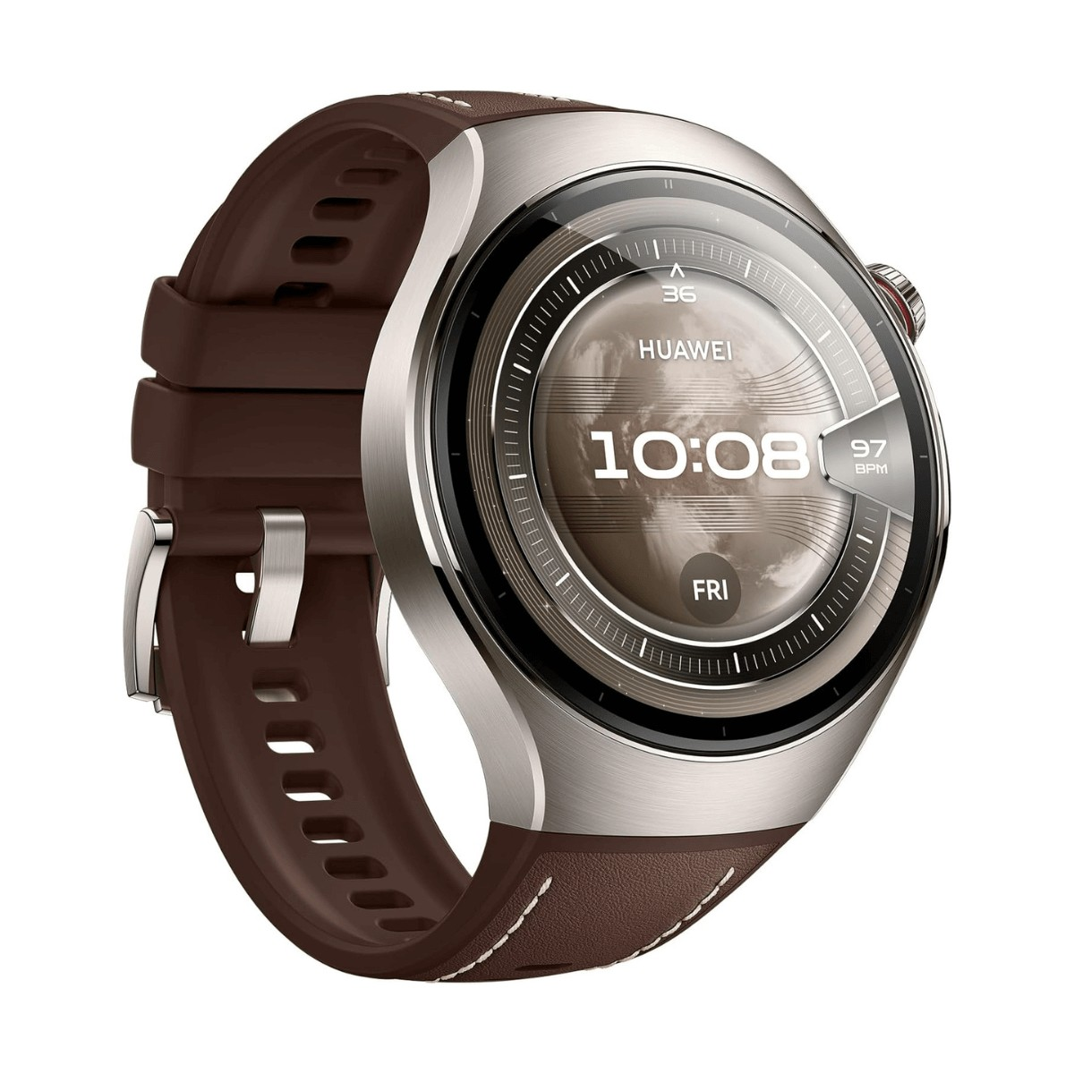 Srebrny smartwatch z okrągłą cyfrową tarczą pokazującą 10:08 i brązowym skórzanym paskiem na białym tle.