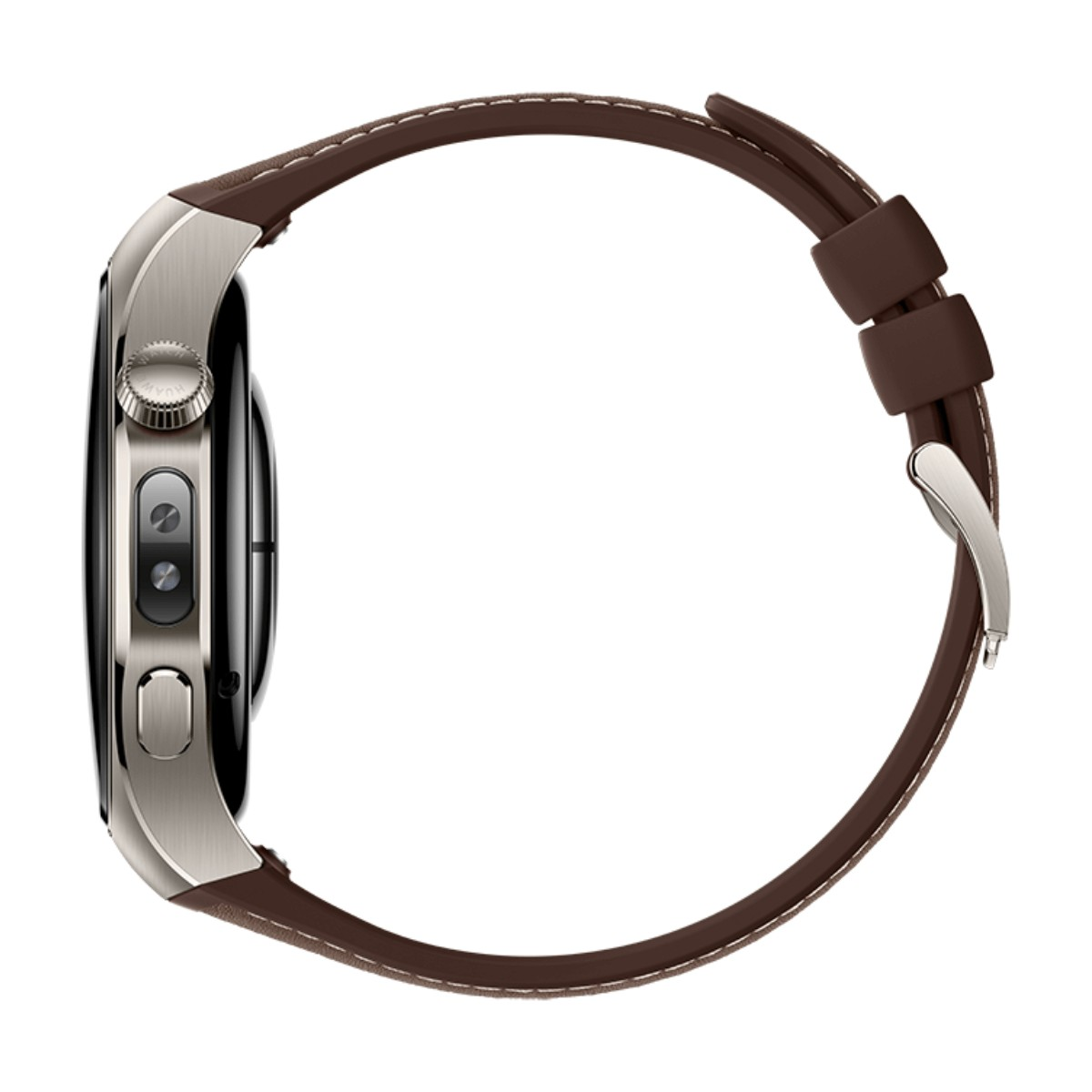 Srebrny smartwatch z brązowym skórzanym paskiem w widoku z boku.