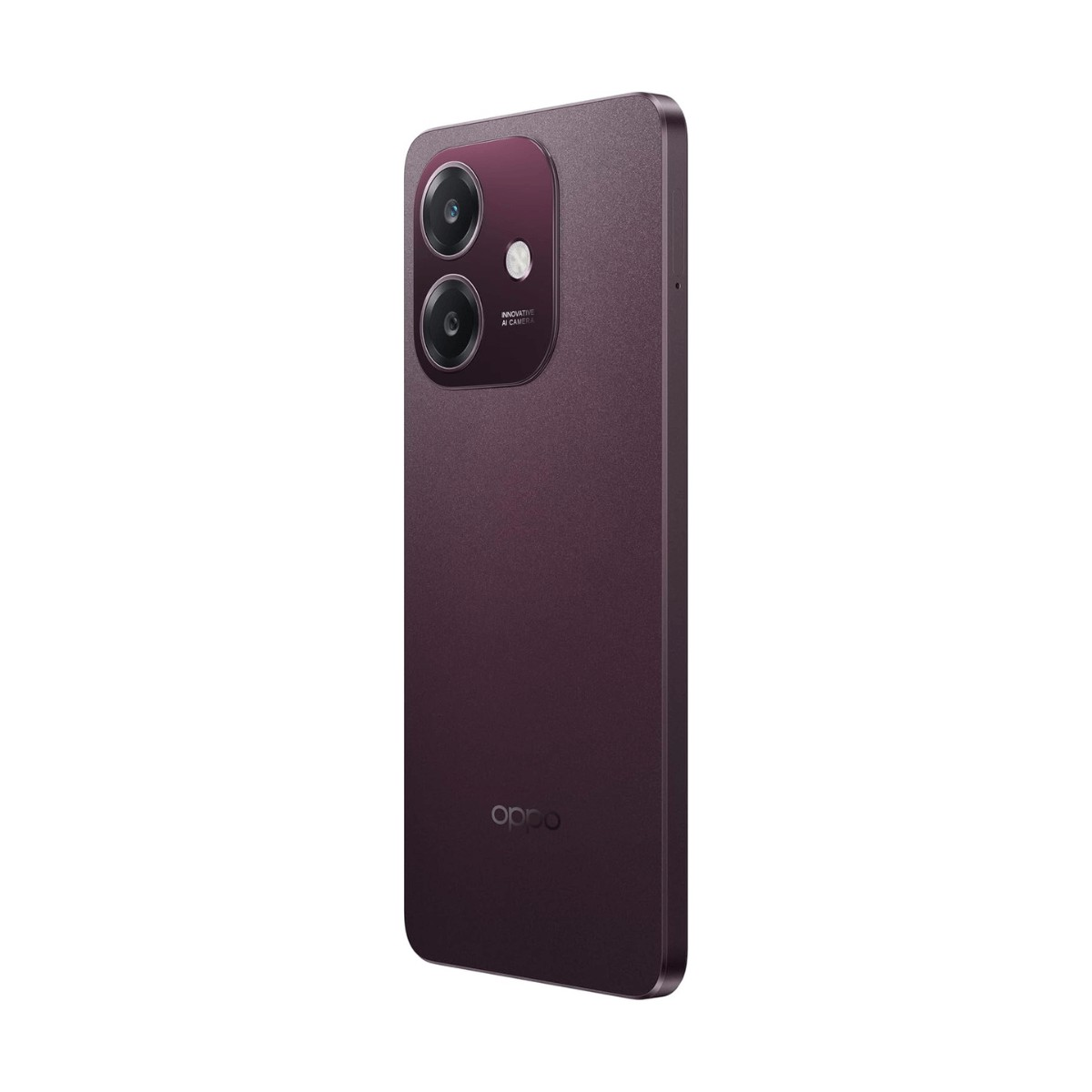 Vista posteriore di uno smartphone Oppo viola, con doppia fotocamera e logo su sfondo bianco.