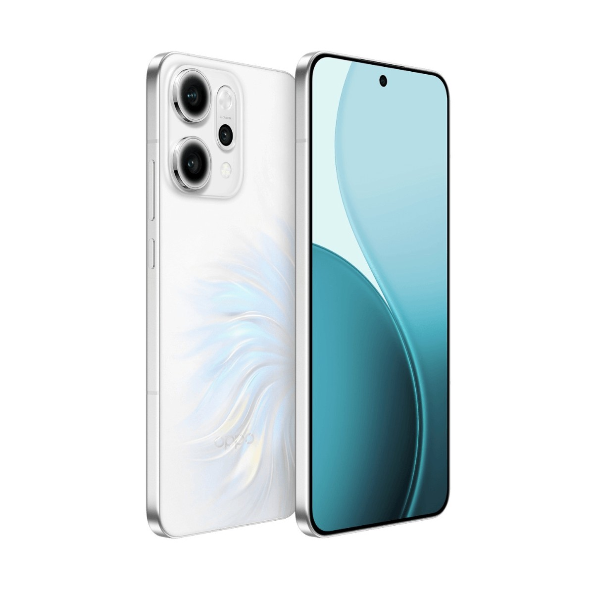 Due smartphone bianchi, uno mostra lo schermo, l'altro il retro con le fotocamere.