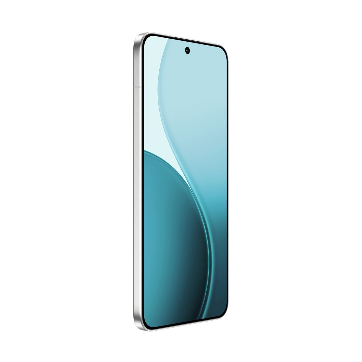 Uno smartphone argentato è in posizione verticale, con uno sfondo astratto azzurro sullo schermo.