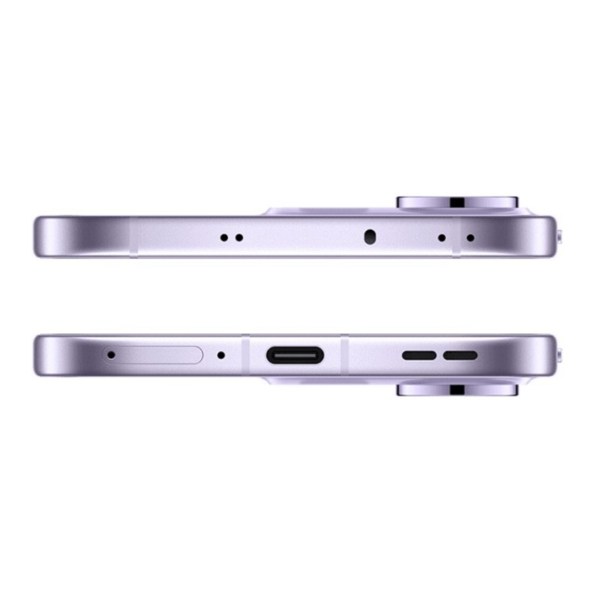 Vista dei bordi superiore e inferiore di uno smartphone viola chiaro con porta USB-C, microfono e altoparlante.
