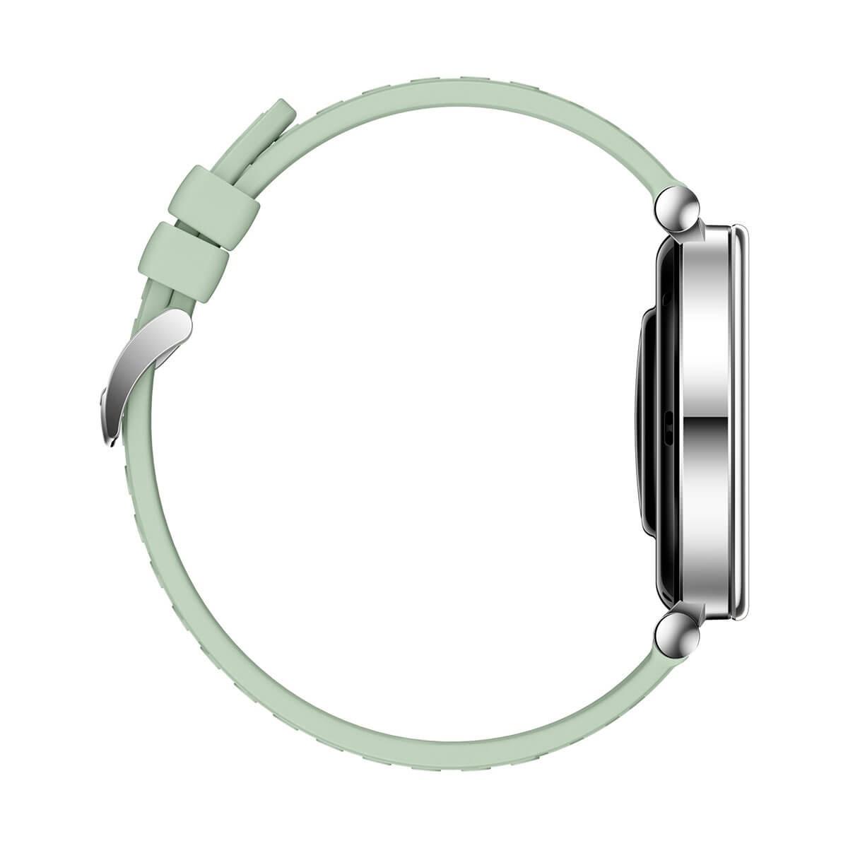 Vista laterale di uno smartwatch rotondo con cassa argentata e cinturino in silicone verde menta su sfondo bianco.
